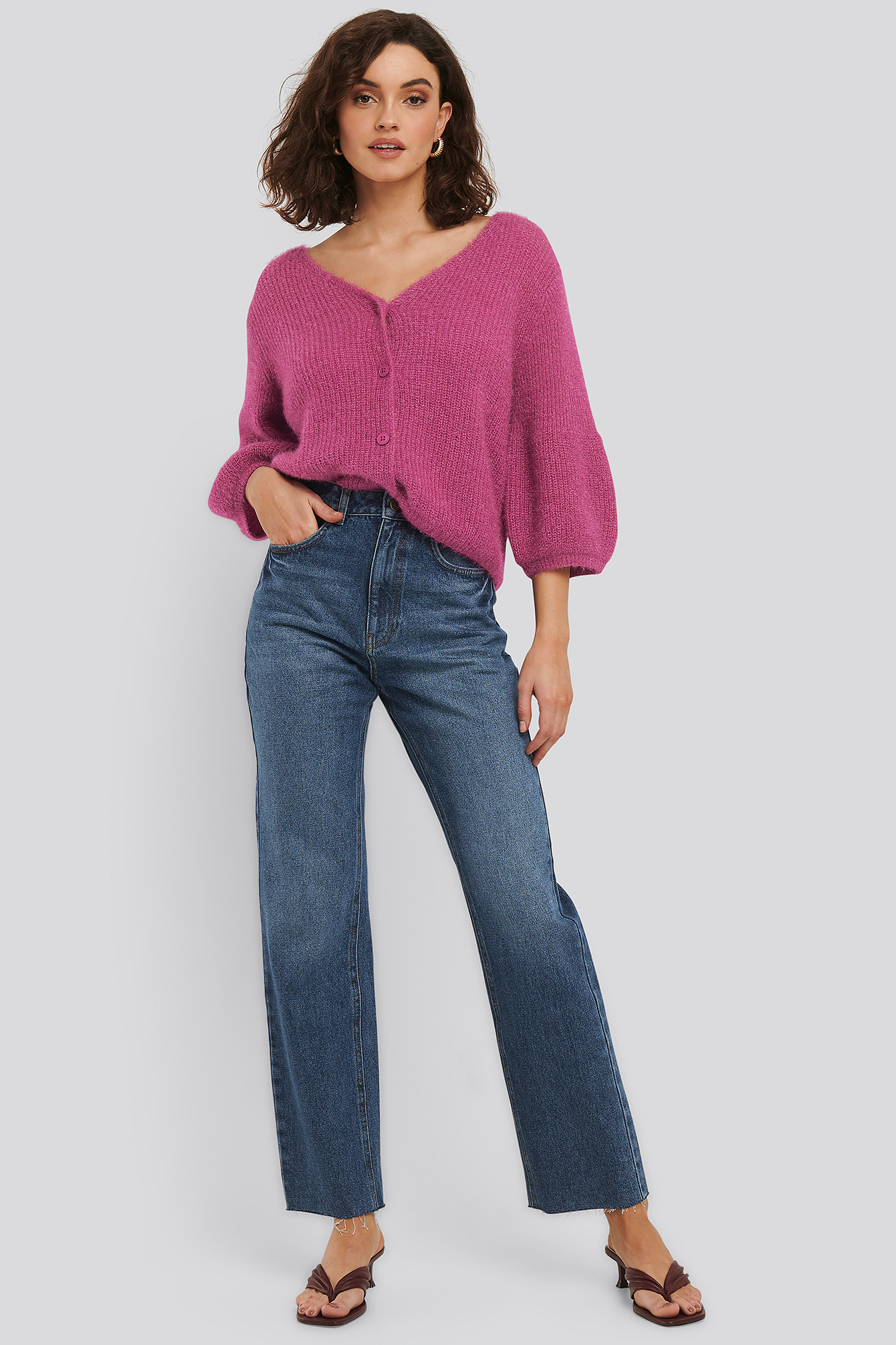 Blue High Waist Raw Hem Straight Jeans