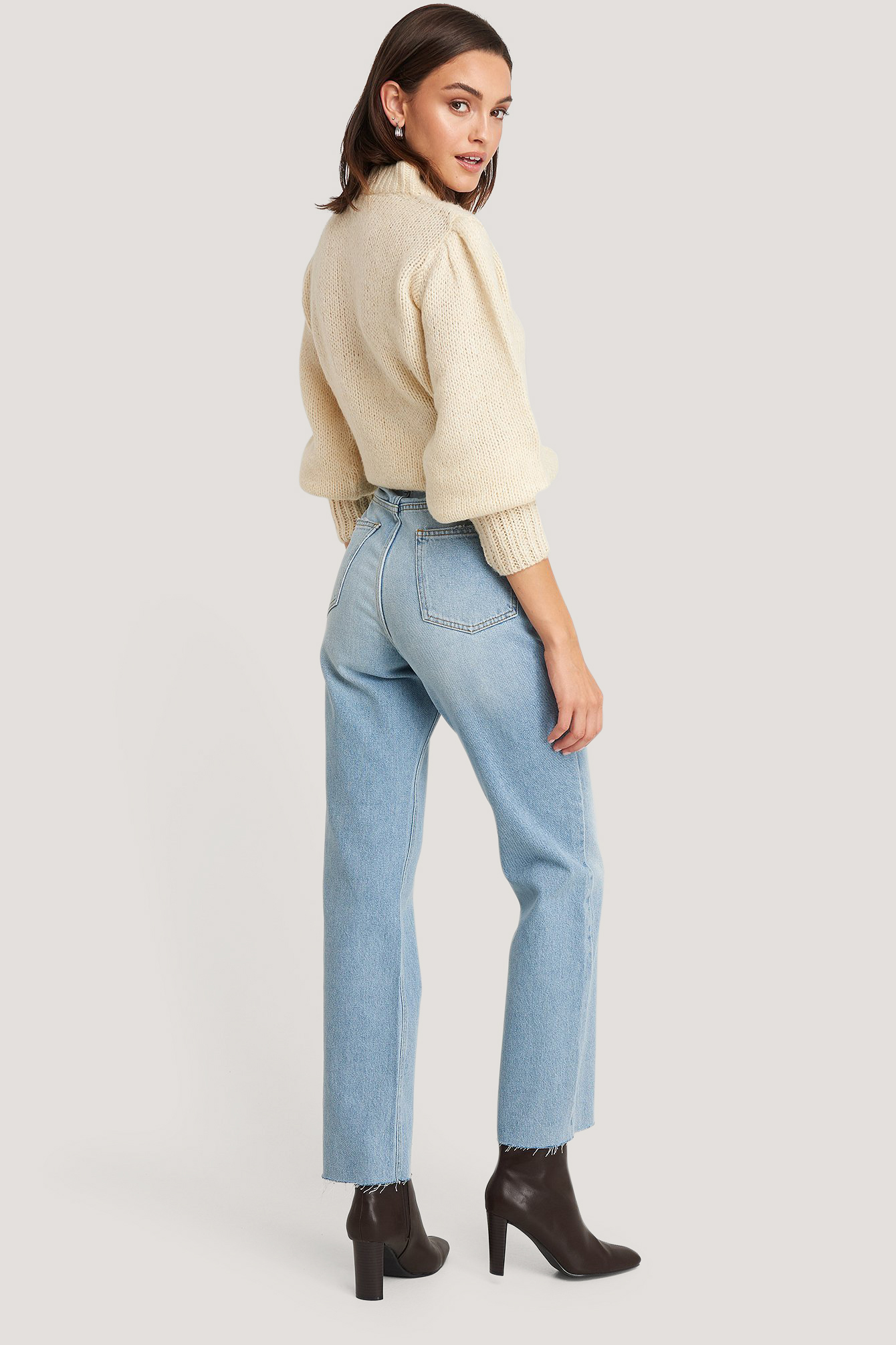 Light Blue High Waist Raw Hem Straight Jeans