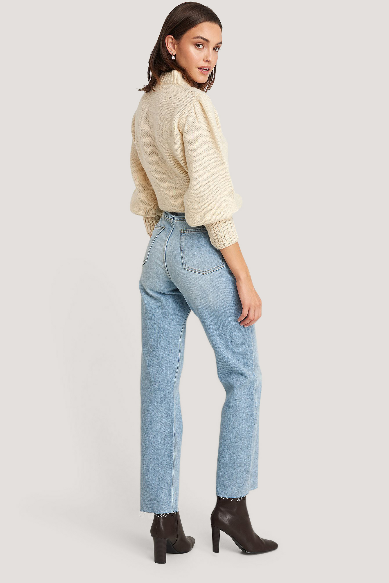 High Waist Raw Hem Straight Jeans Bleu 