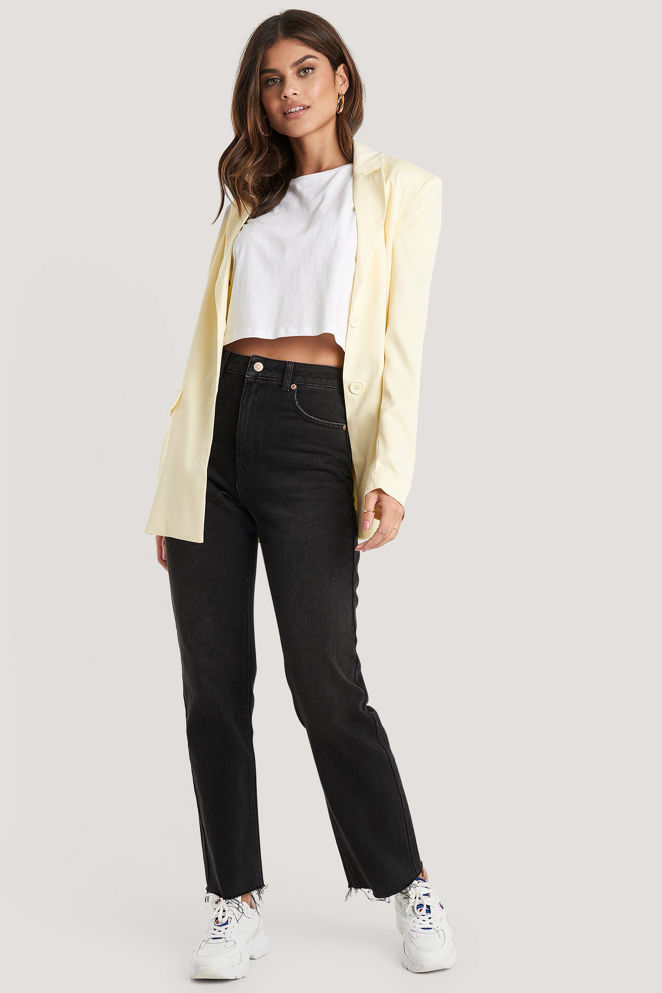 High Waist Raw Hem Straight Jeans Noir 