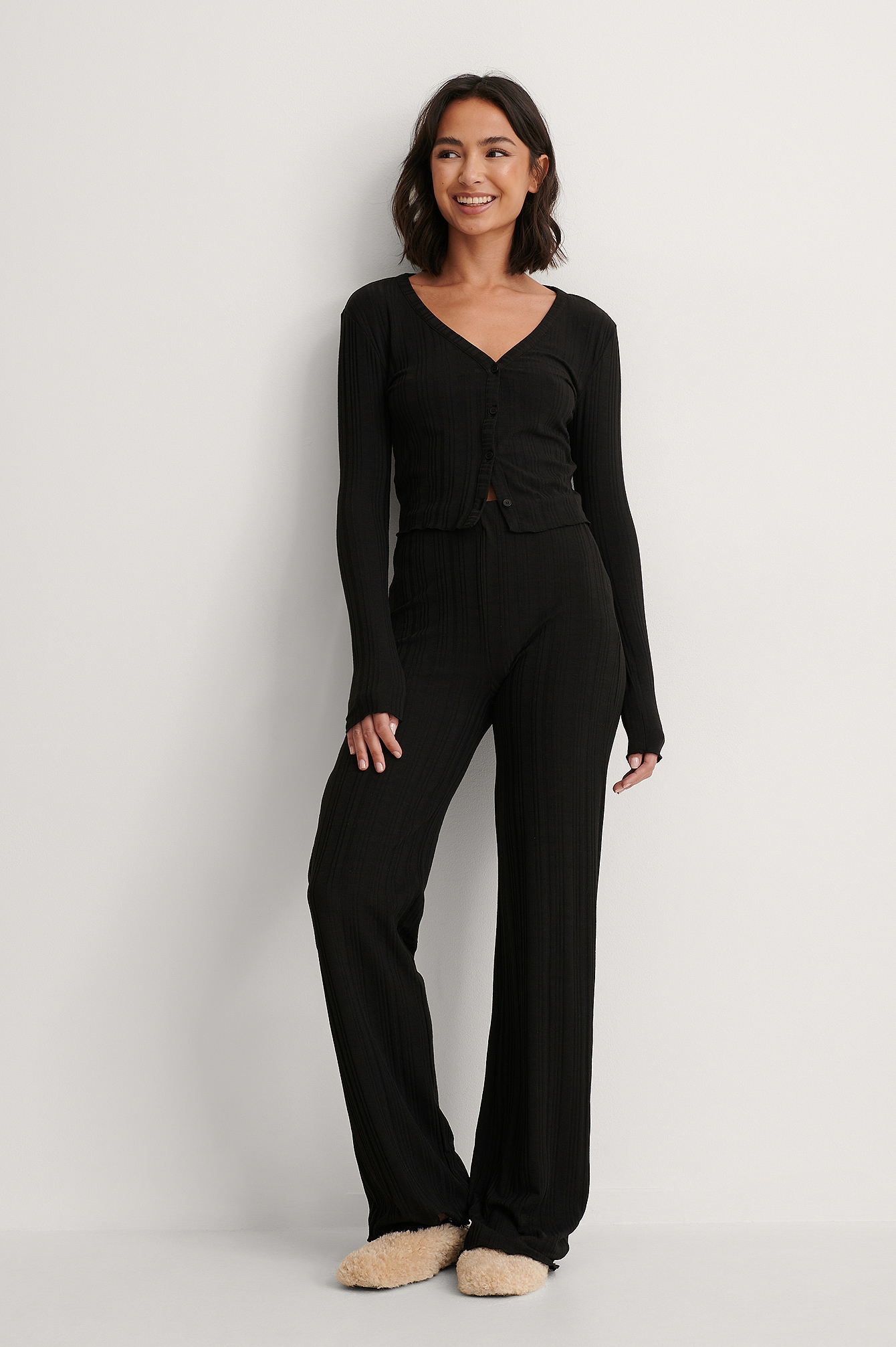 Black Recyclé Pantalon Taille Haute Côtelé