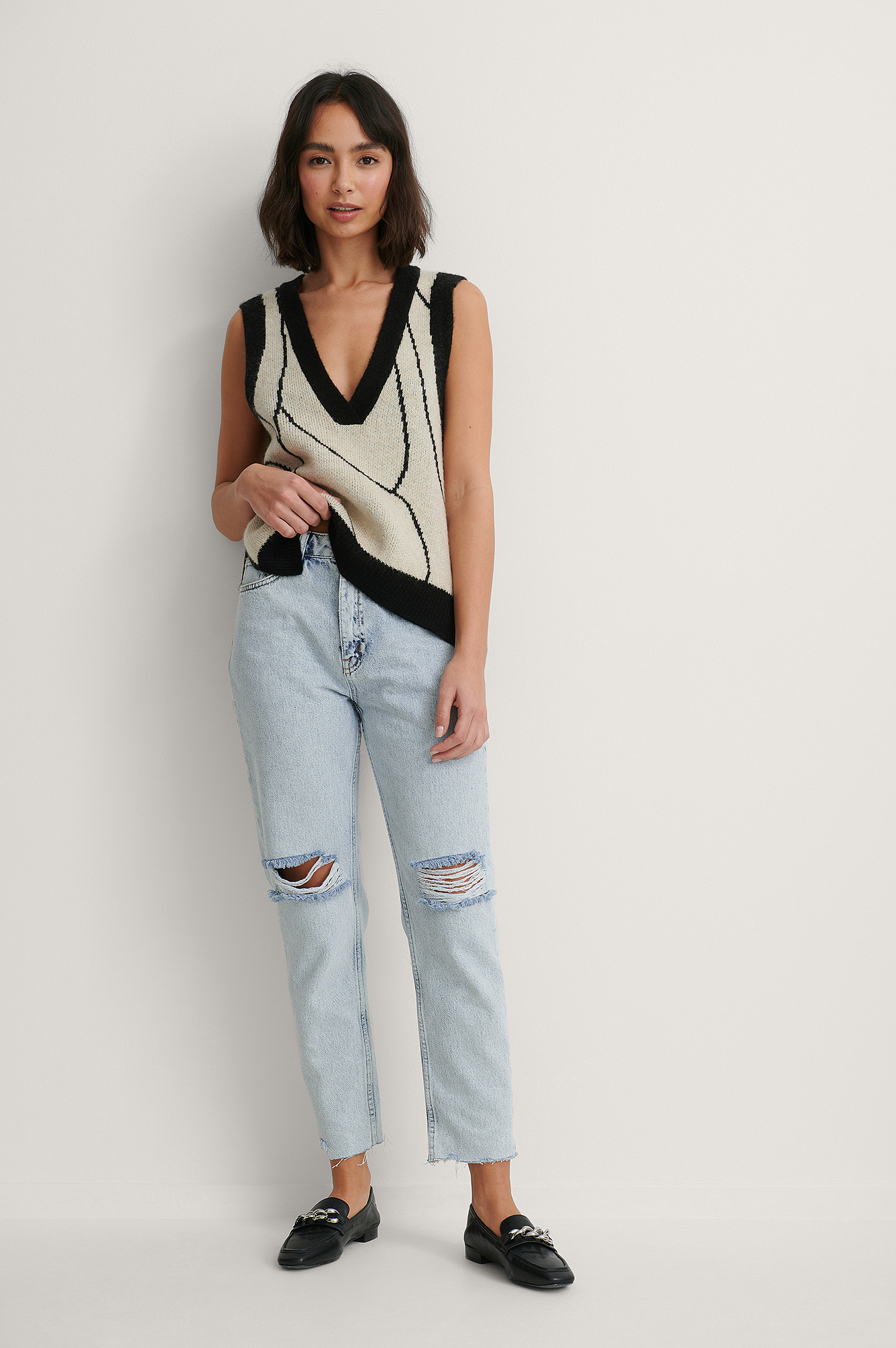 Light Blue Biologique Jean Déchiré Aux Genoux Taille Haute