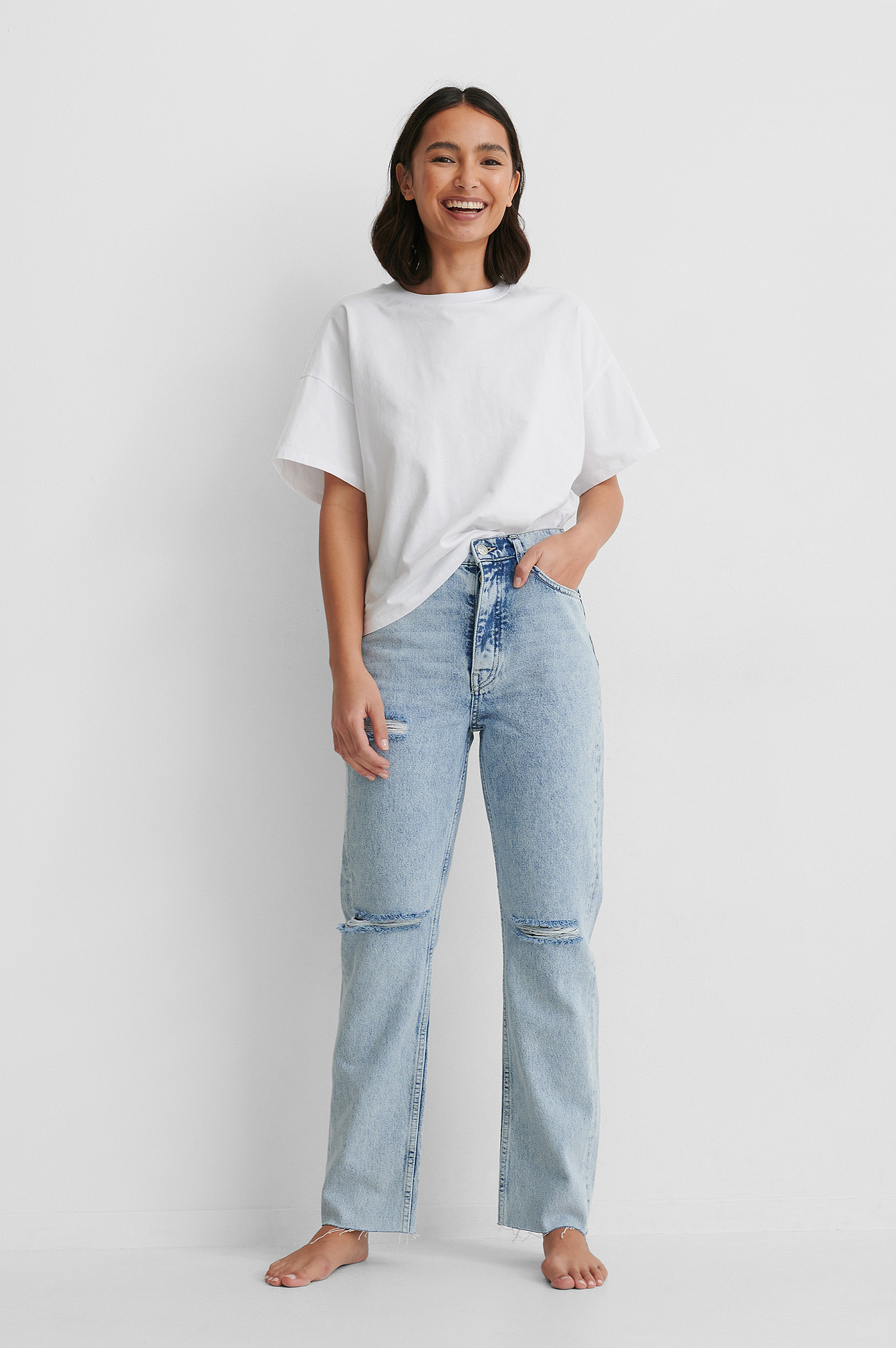 Light Blue Biologique Jean Déchiré Aux Genoux Taille Haute