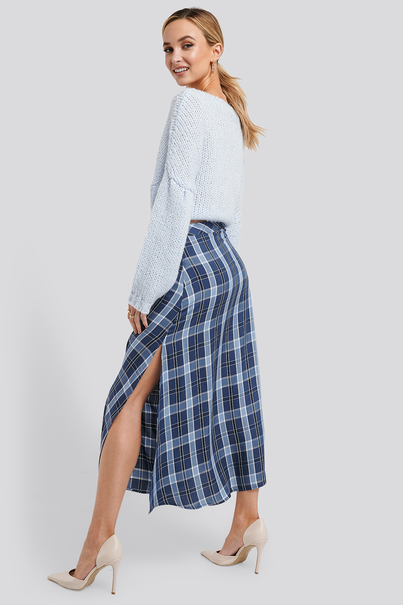 Blue Check High Waist Side Split Midi Skirt