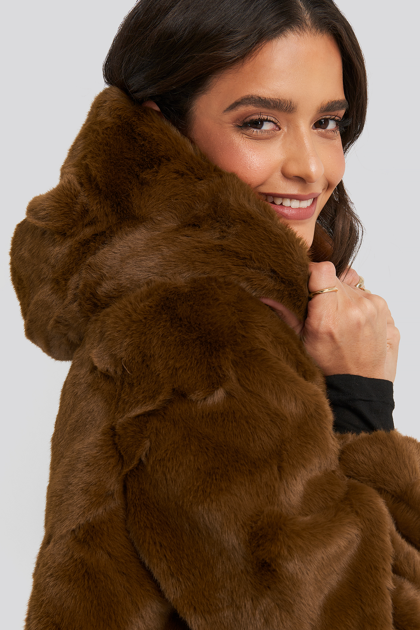 Brown NA-KD Hooded Faux Fur Jacket