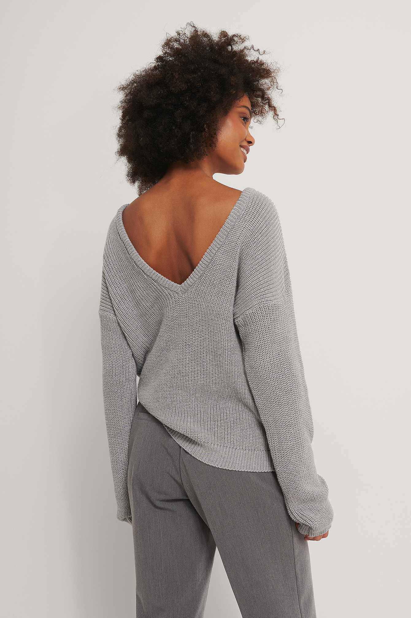 Grey Knitted Deep V-neck Sweater