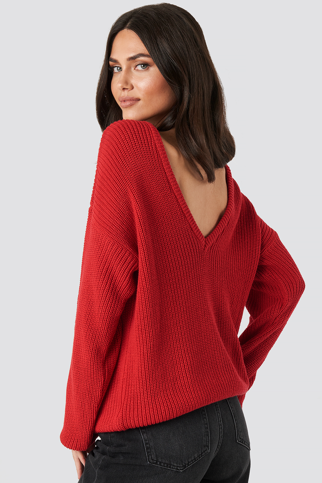 Poppy Red Knitted Deep V-neck Sweater