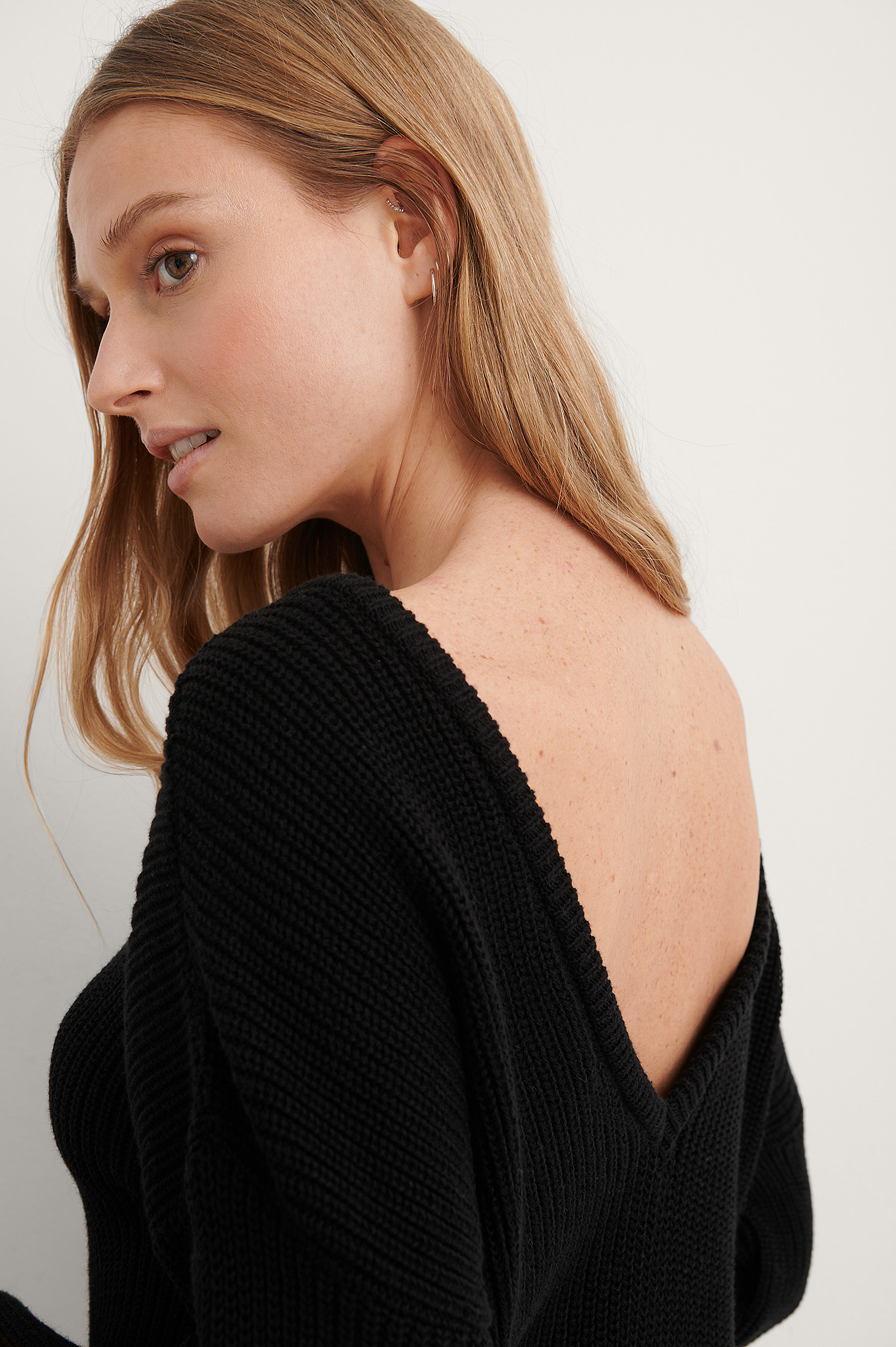 Black Knitted Deep V-neck Sweater