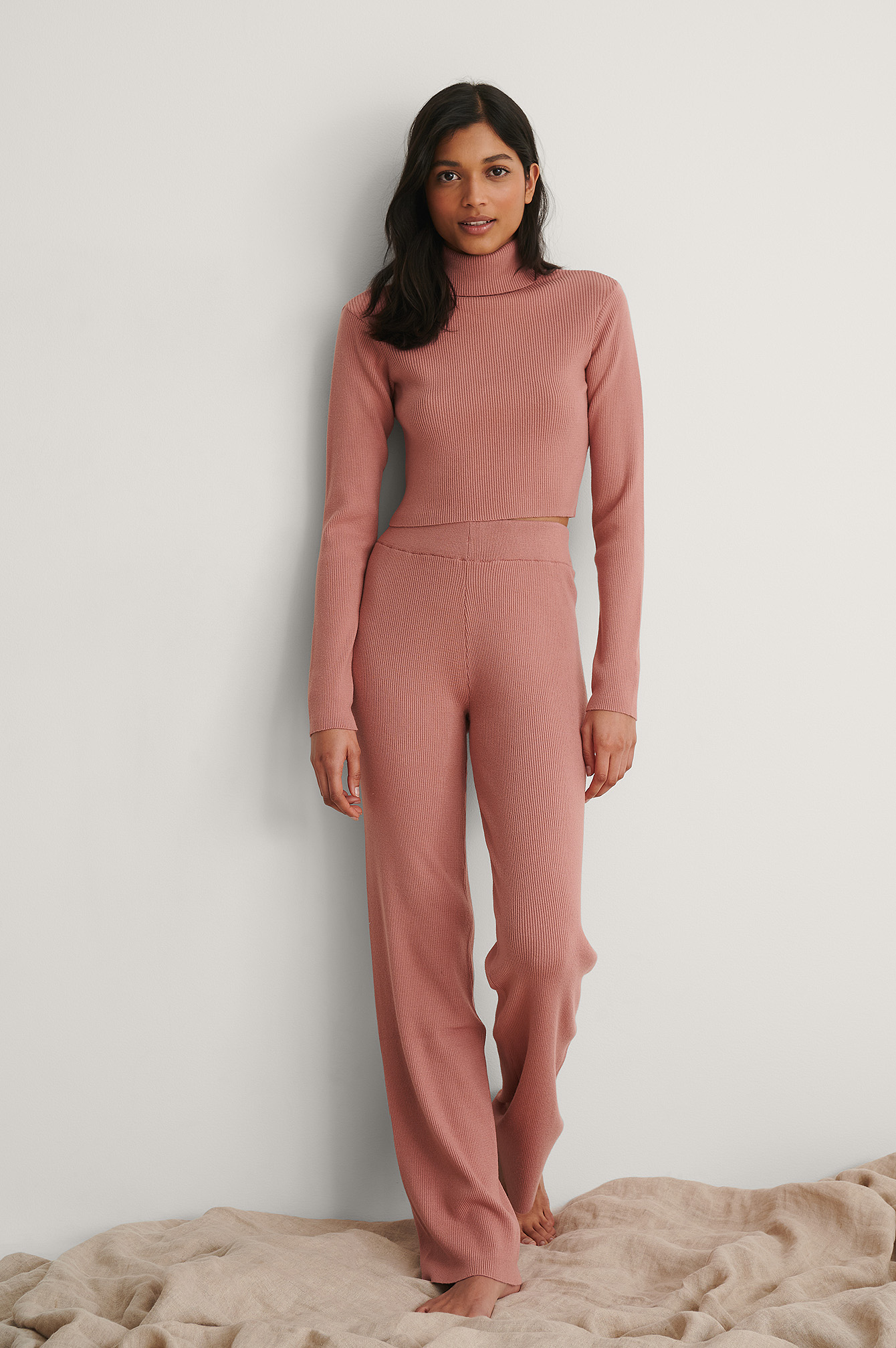 Dusty Pink Pantalon À Taille Haute En Maille Côtelée