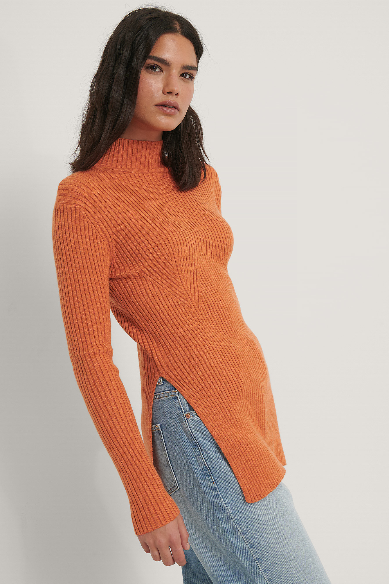Orange Knitted Side Slit Sweater