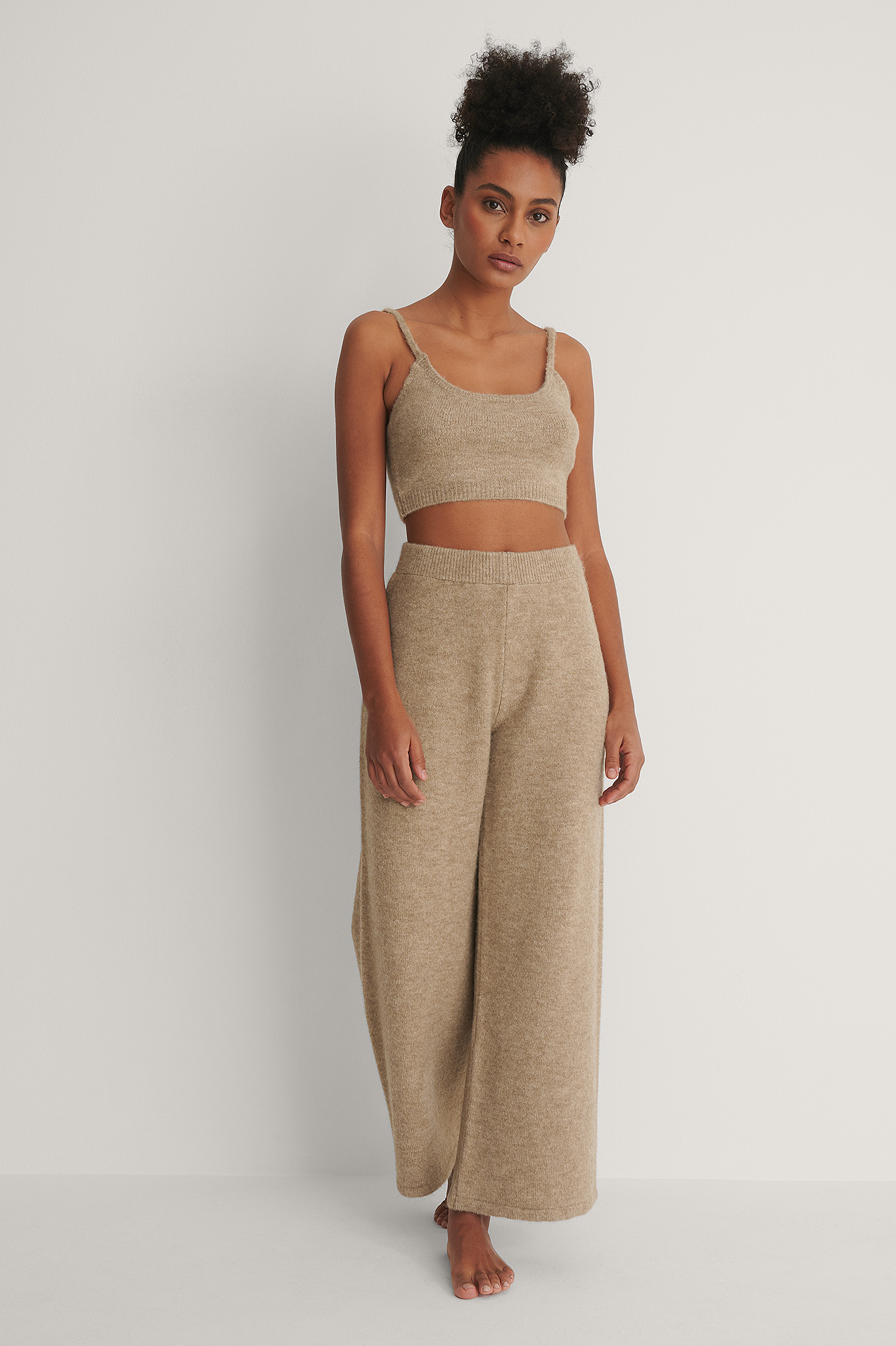 Beige Pantalon En Maille Coupe Ample