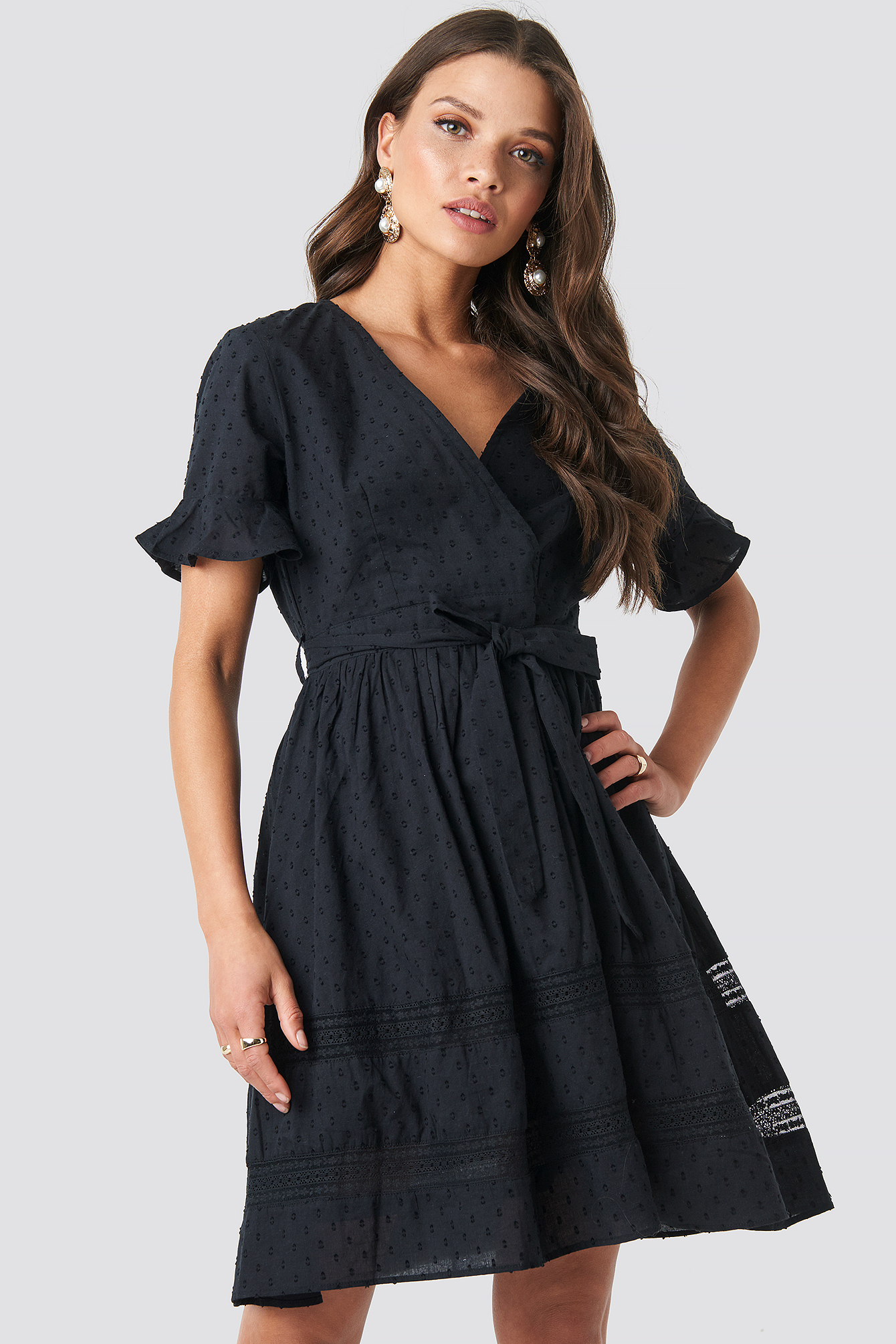 Black NA-KD Boho Lace Insert Cotton Mini Dress