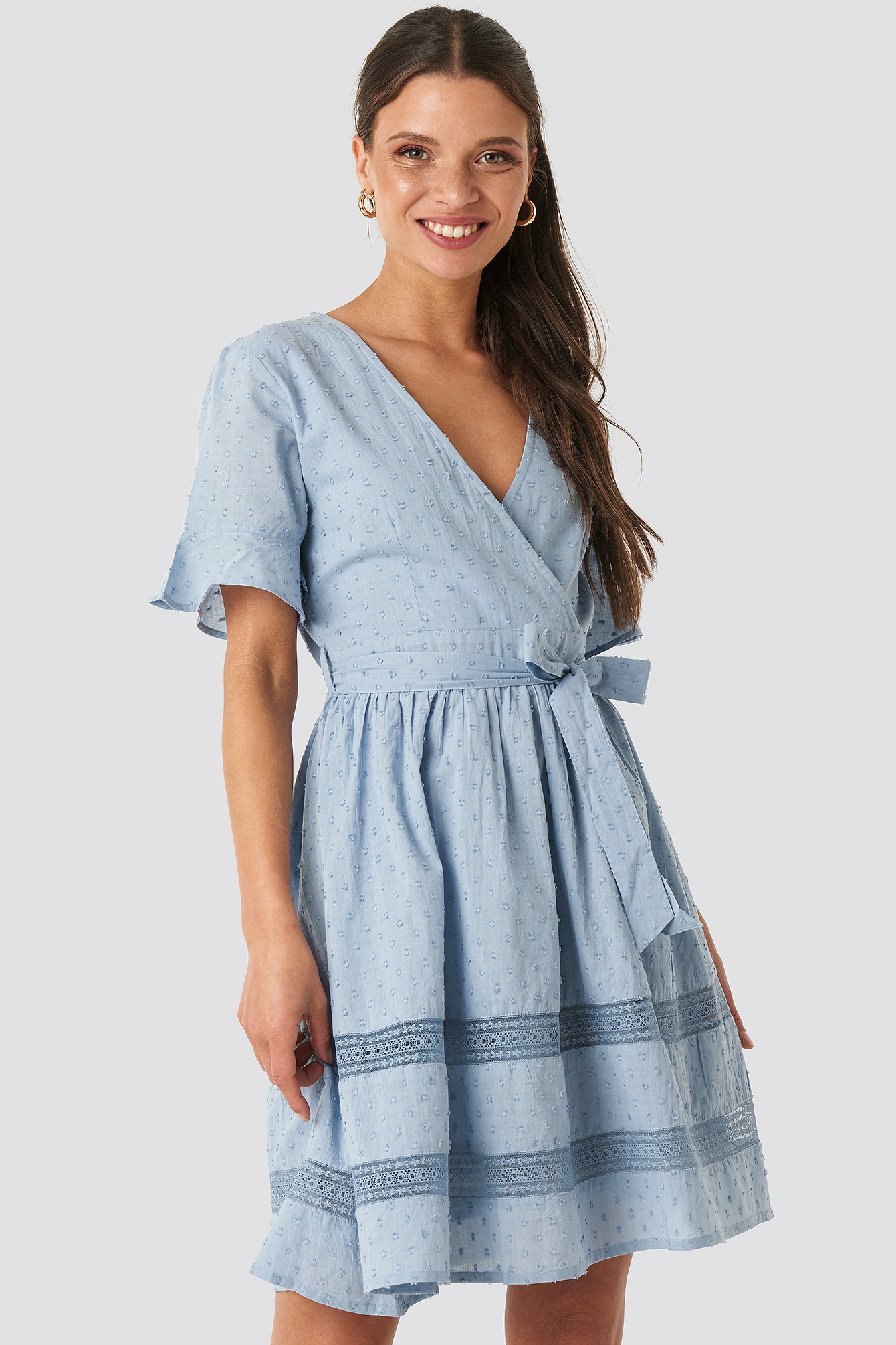 Dusty Blue NA-KD Boho Lace Insert Cotton Mini Dress