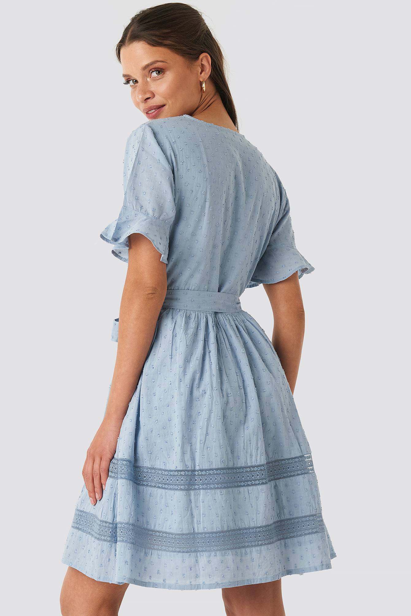 Dusty Blue Lace Insert Cotton Mini Dress
