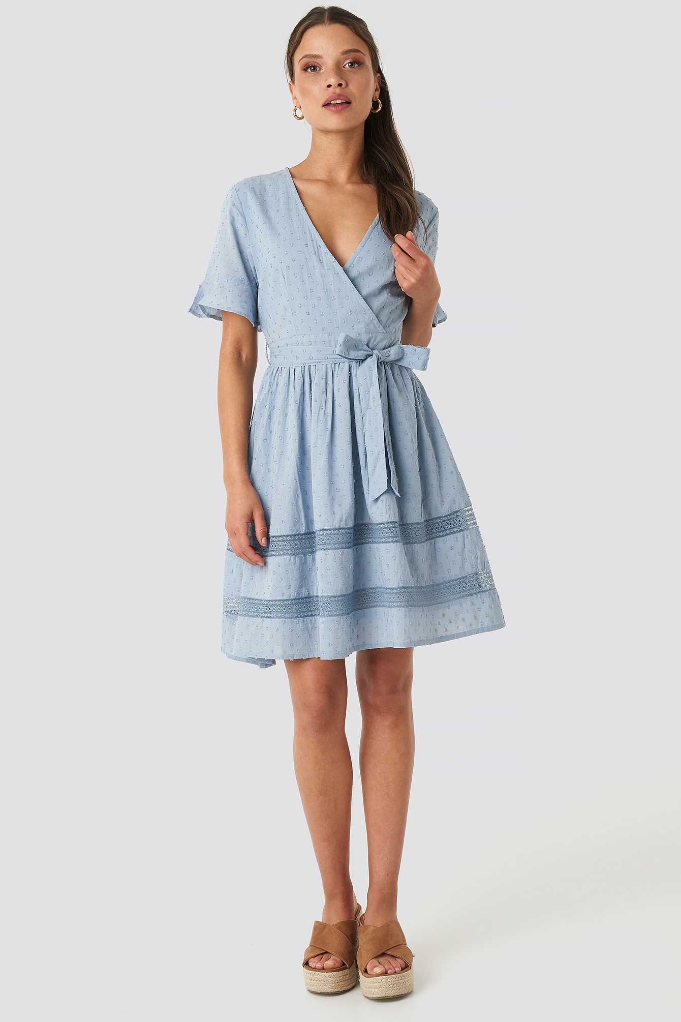 Dusty Blue Lace Insert Cotton Mini Dress