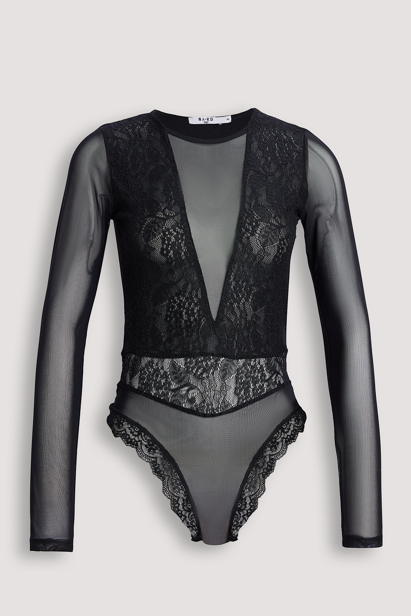 Body dentelle manches en maille recyclée Noir