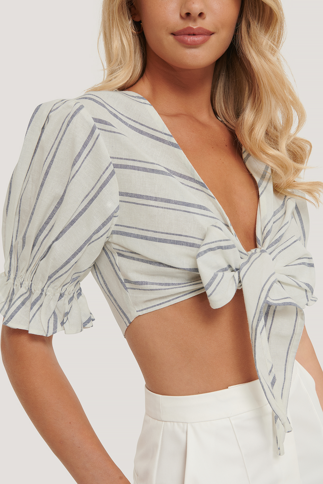 Off White/Navy Stripes Linen Cropped Self Tie Top