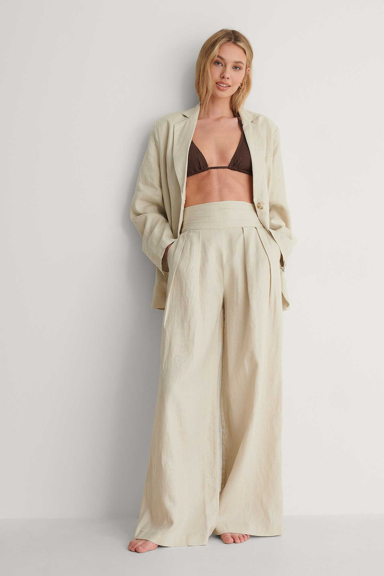 Light Grey Pantalon En Lin Oversize