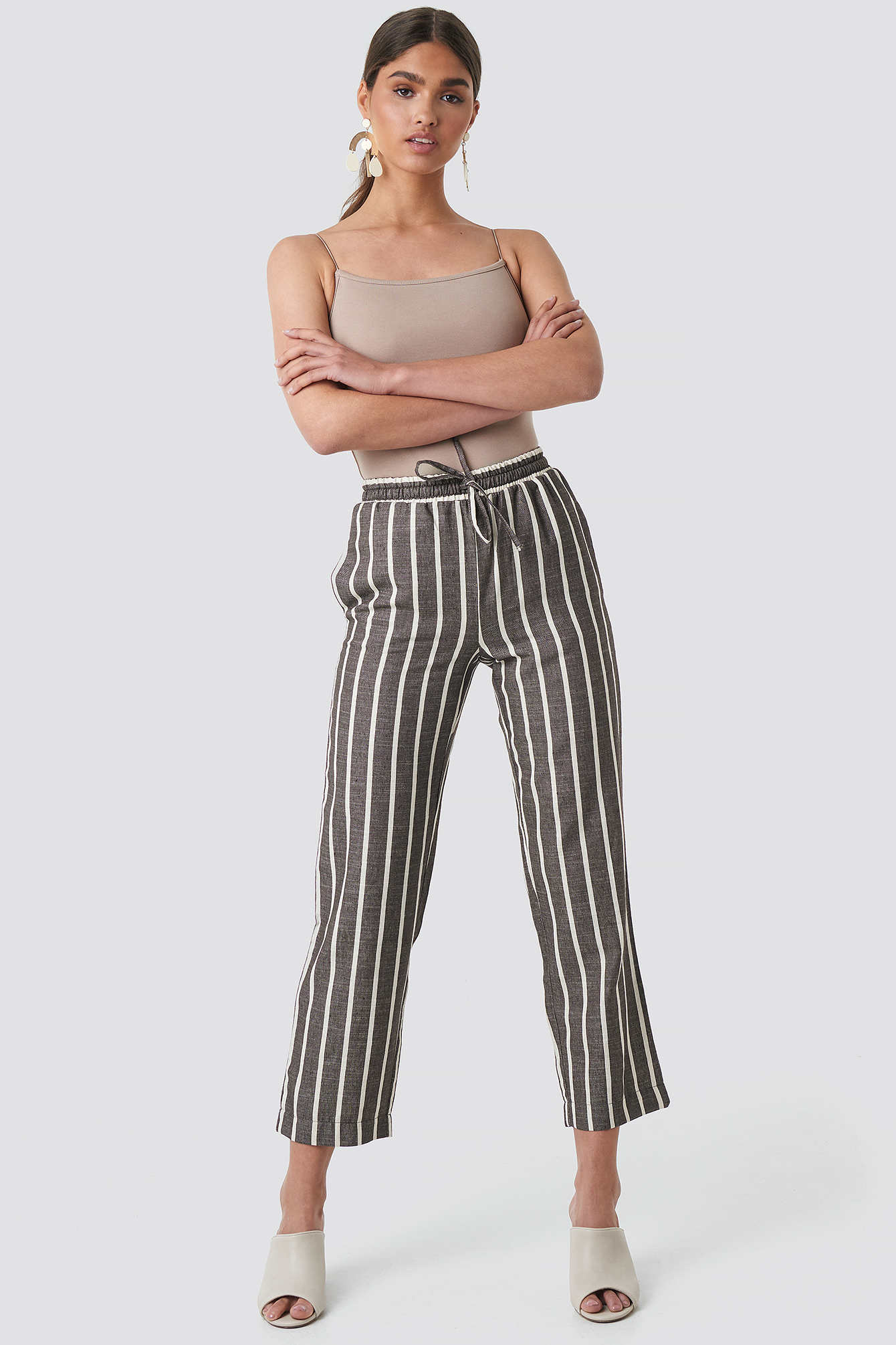 Brown Linen Look Striped Pants