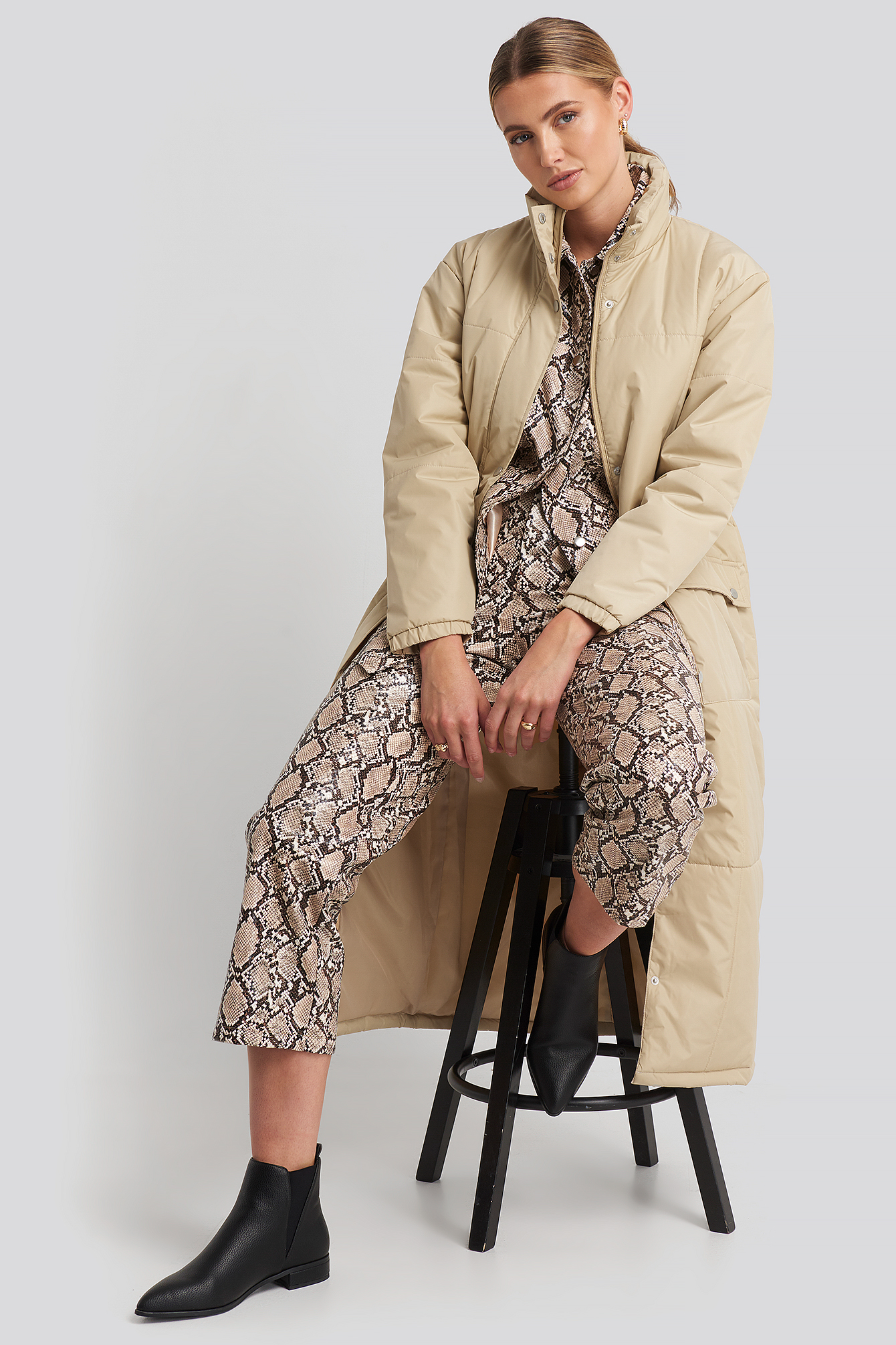 Beige Long Padded Jacket