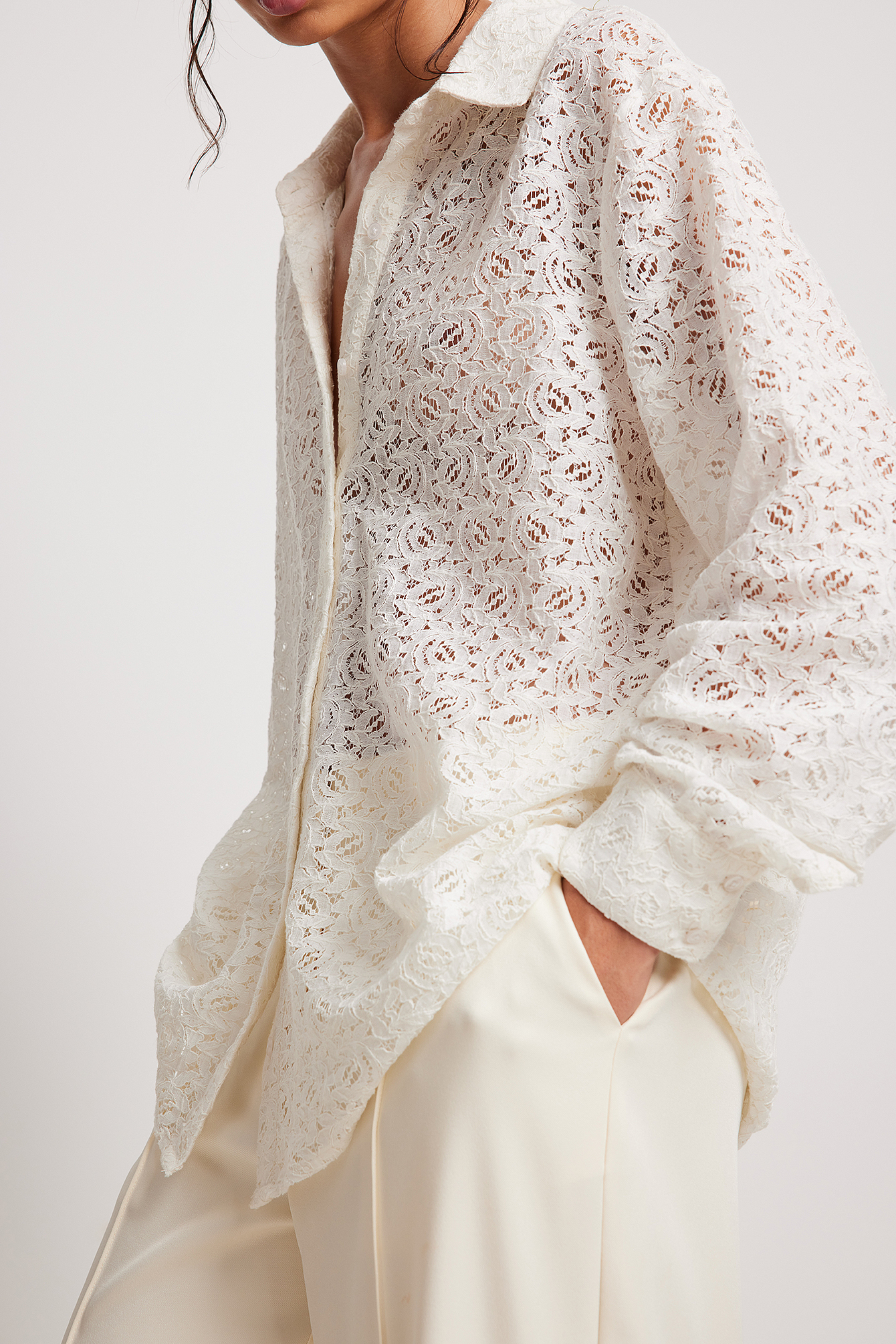 Cream Long Sleeve Lace Buttoned Shirt
