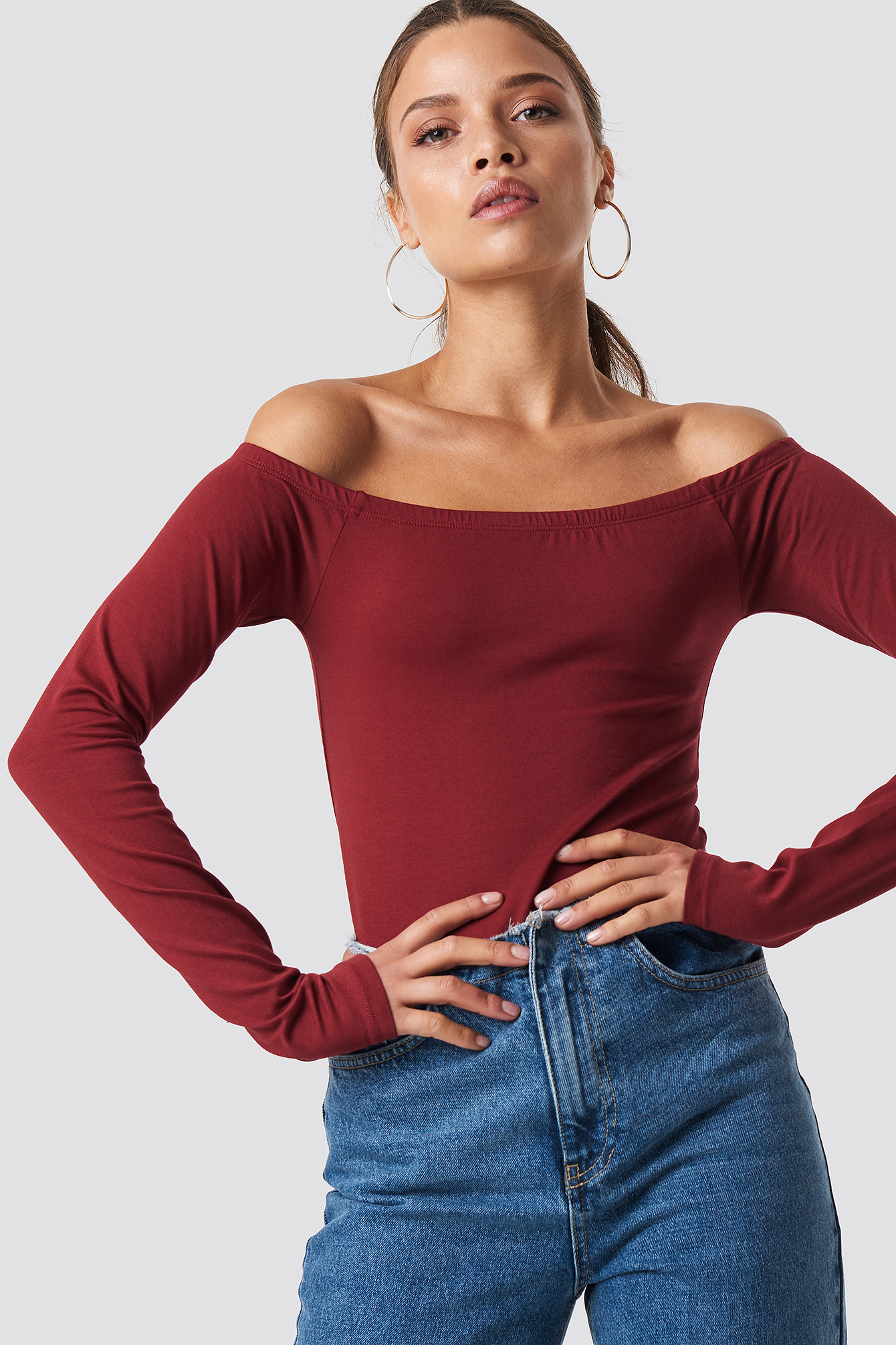 Dried Tomato NA-KD Basic Long Sleeve Off Shoulder Top