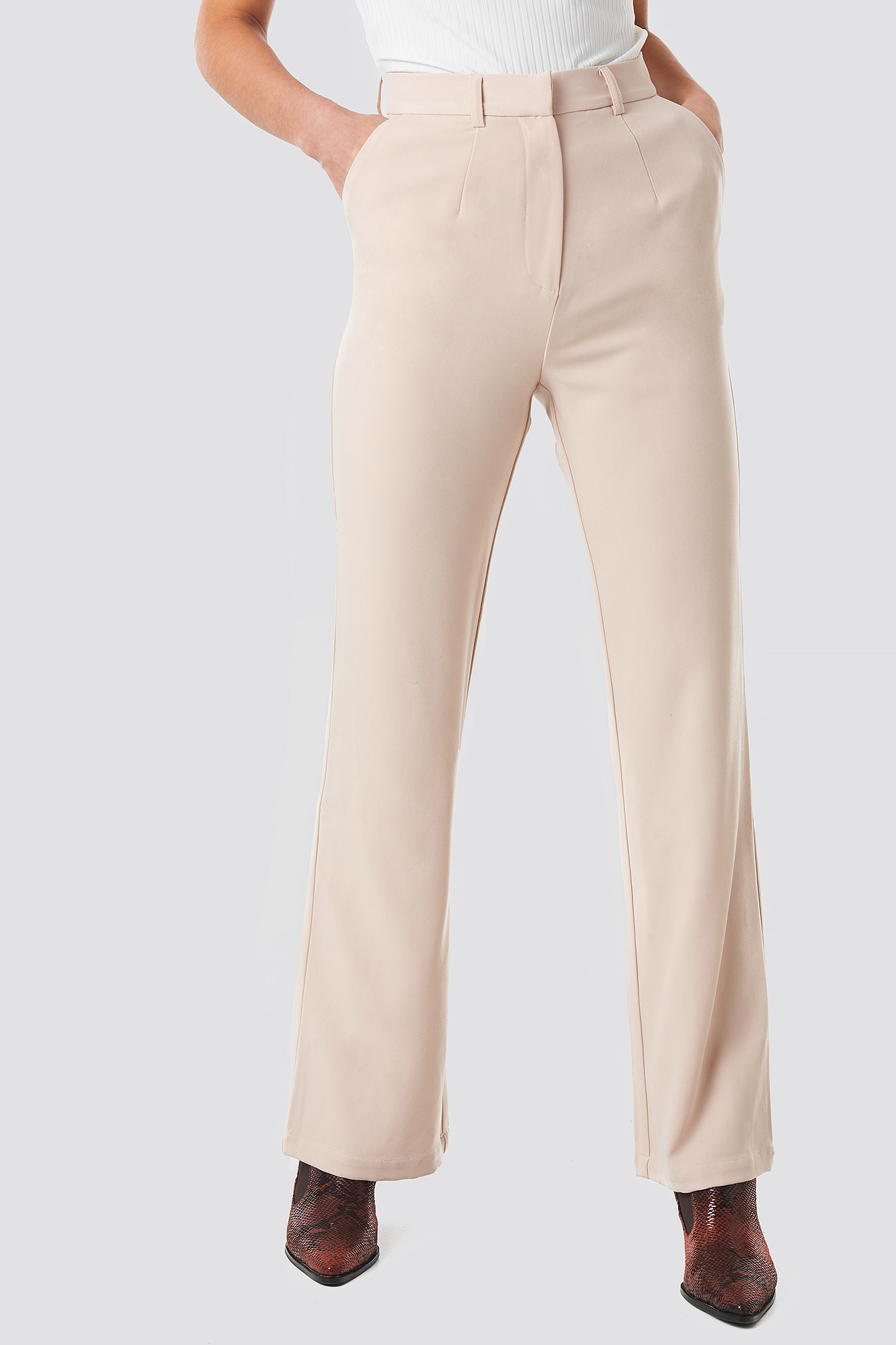Loose Fit High Waist Pants Beige nakd.fr