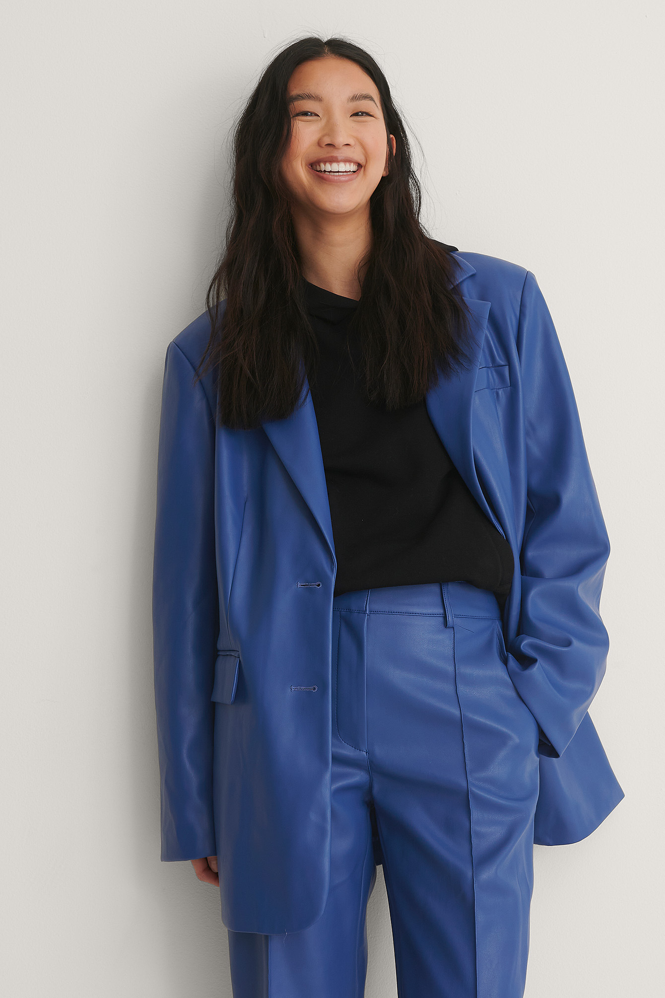 Blue Blazer Surdimensionné En Faux Cuir