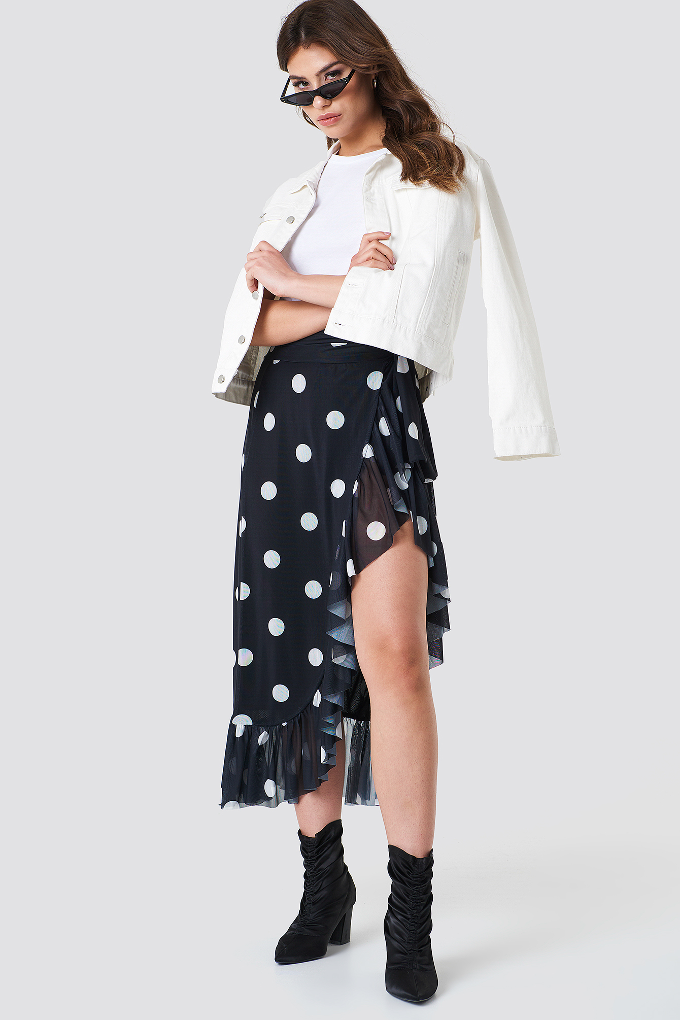 Black/White dots NA-KD Trend Mesh Overlap Maxi Skirt