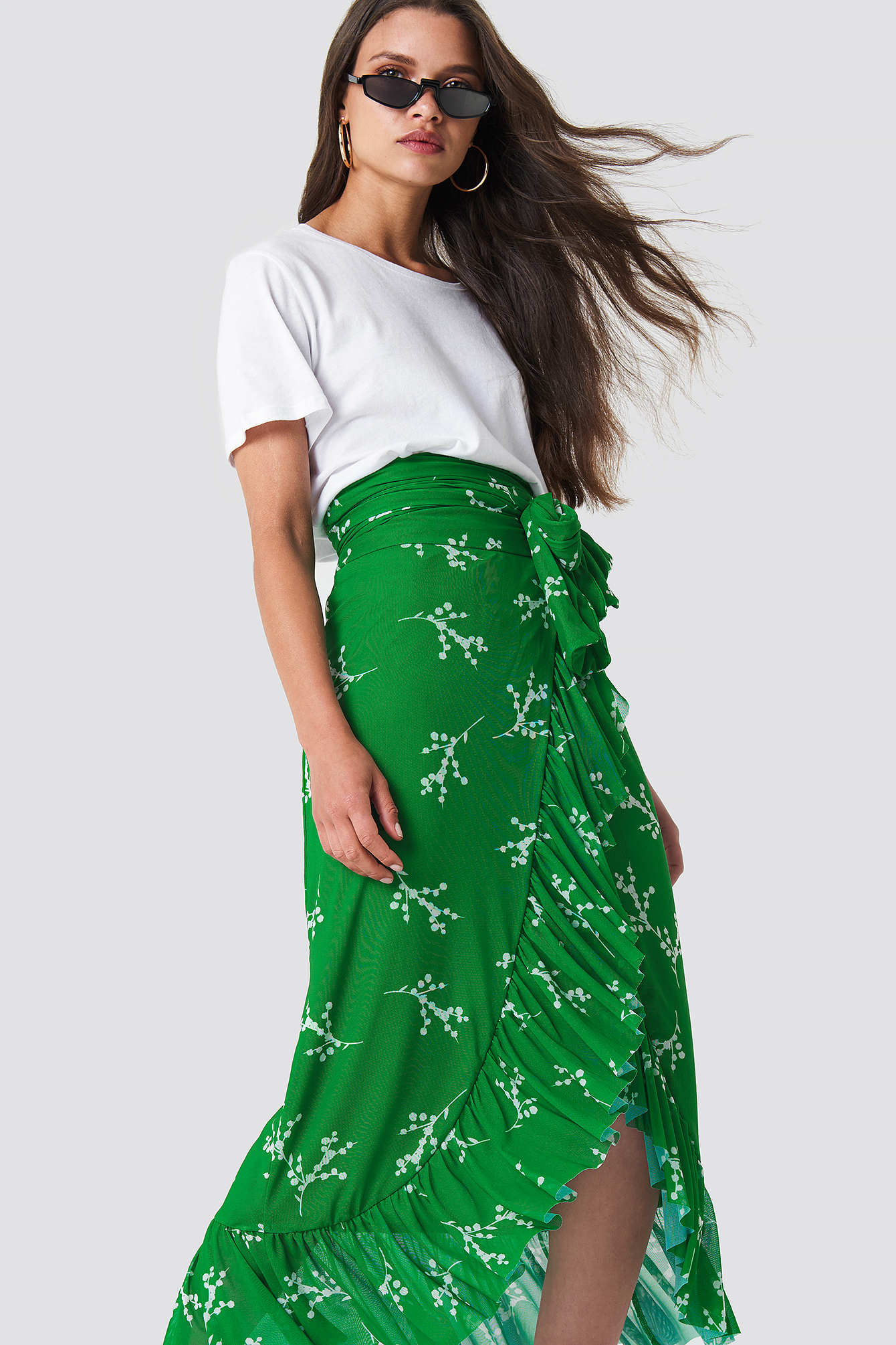 Green Branch Pattern NA-KD Trend Mesh Overlap Maxi Skirt
