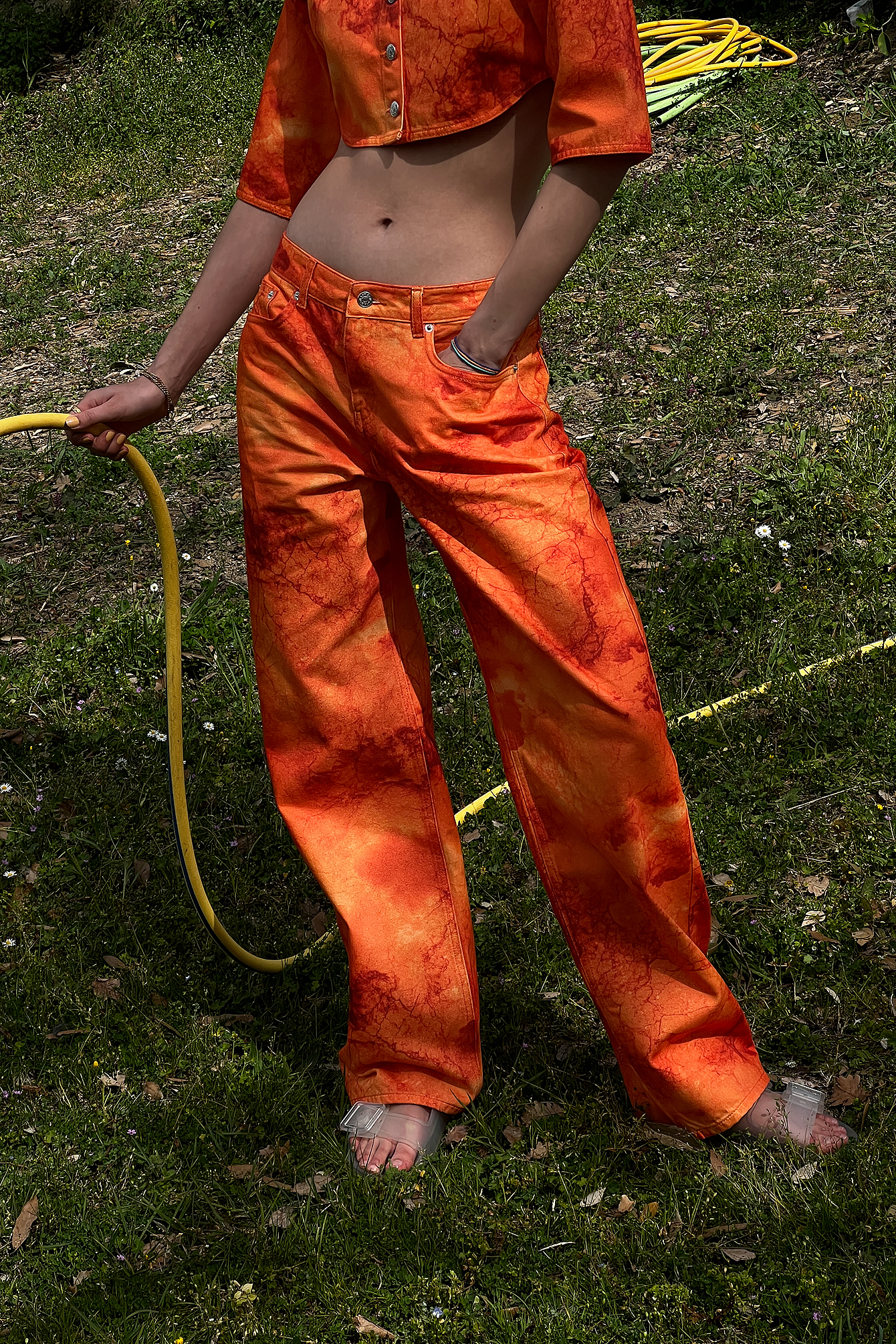 Orange Print Jean taille basse