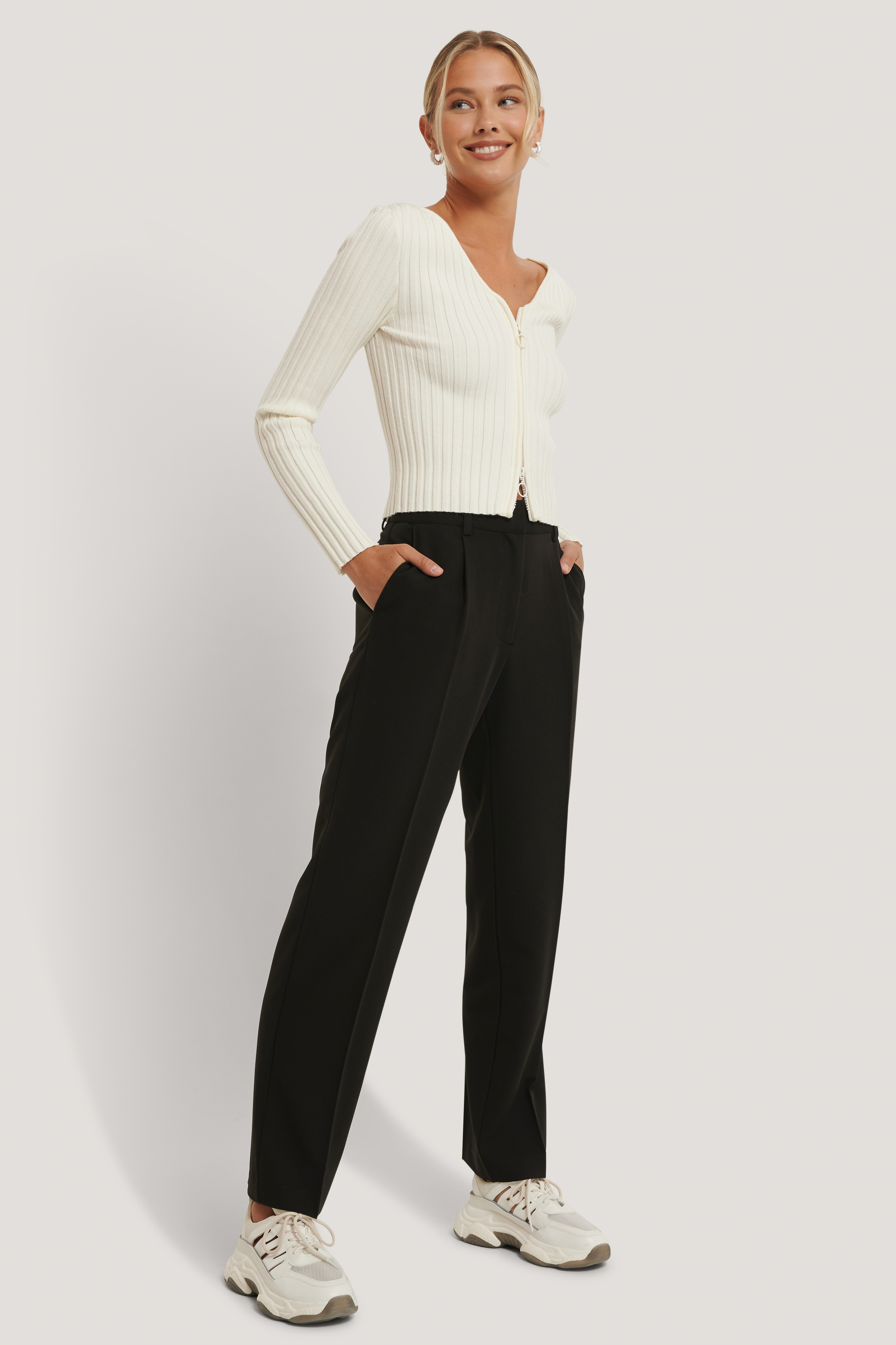 Black Pantalon De Costume Taille Mi-Haute