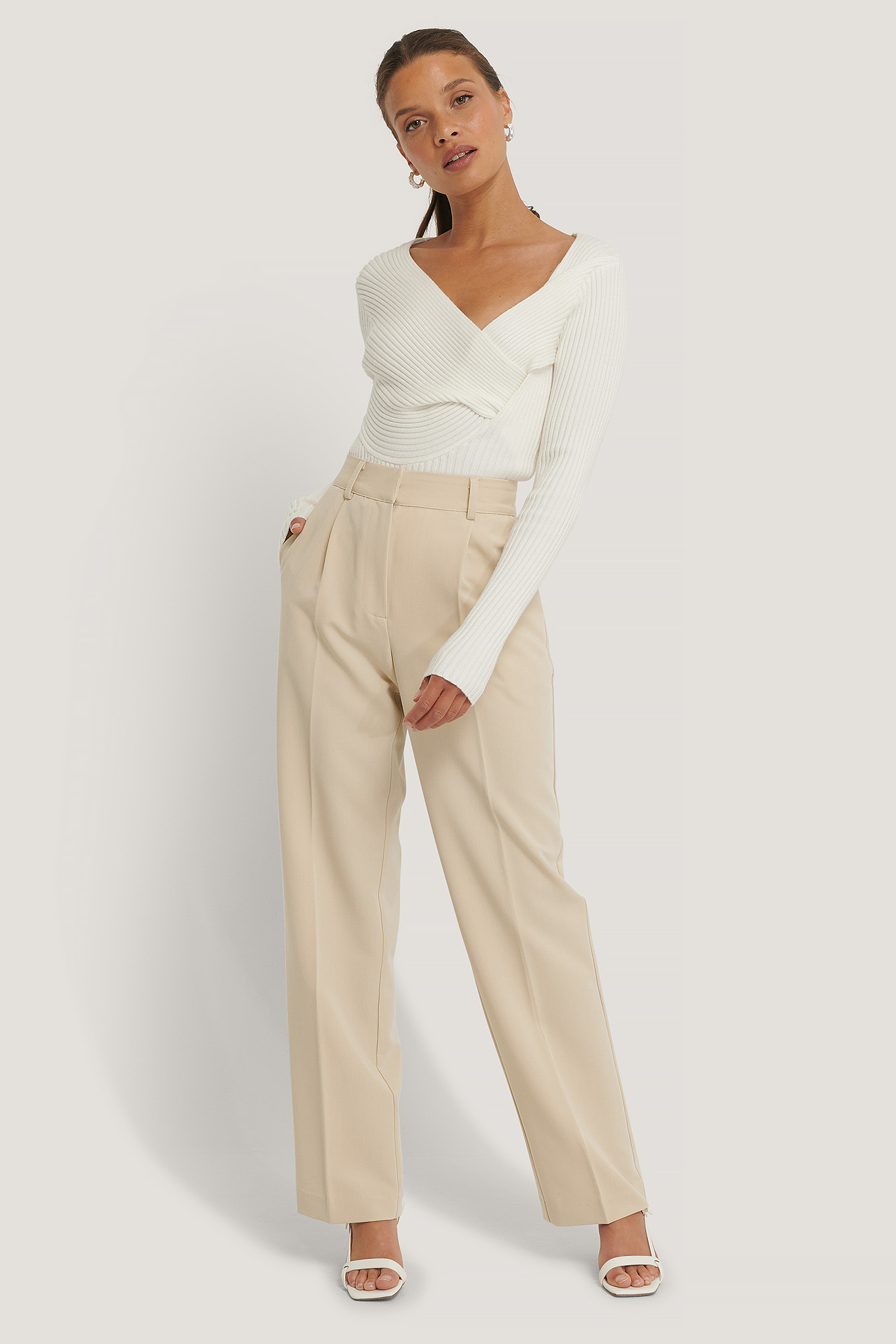 Beige Pantalon De Costume Taille Mi-Haute