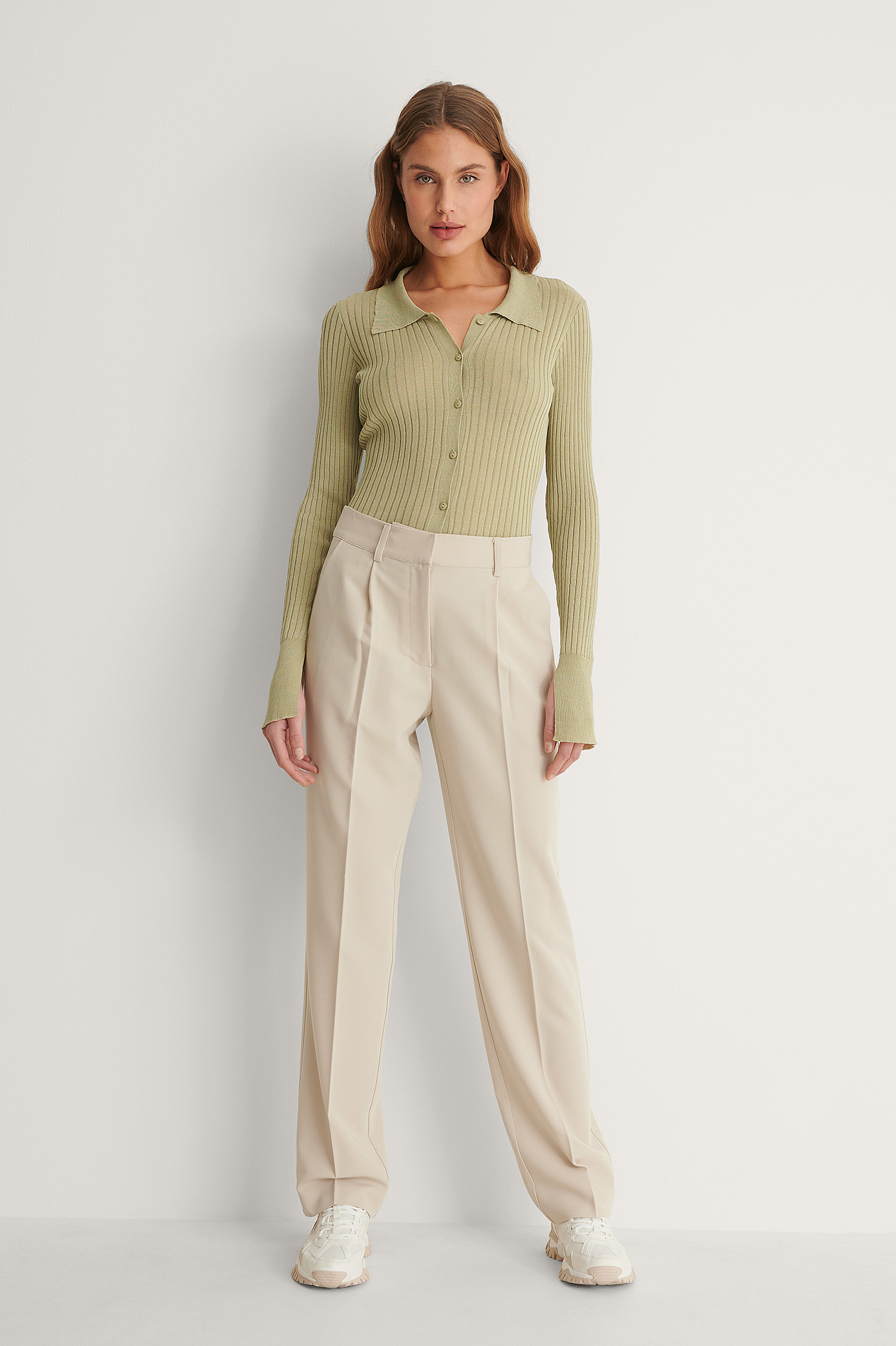 Green Pantalon De Costume Taille Mi-Haute