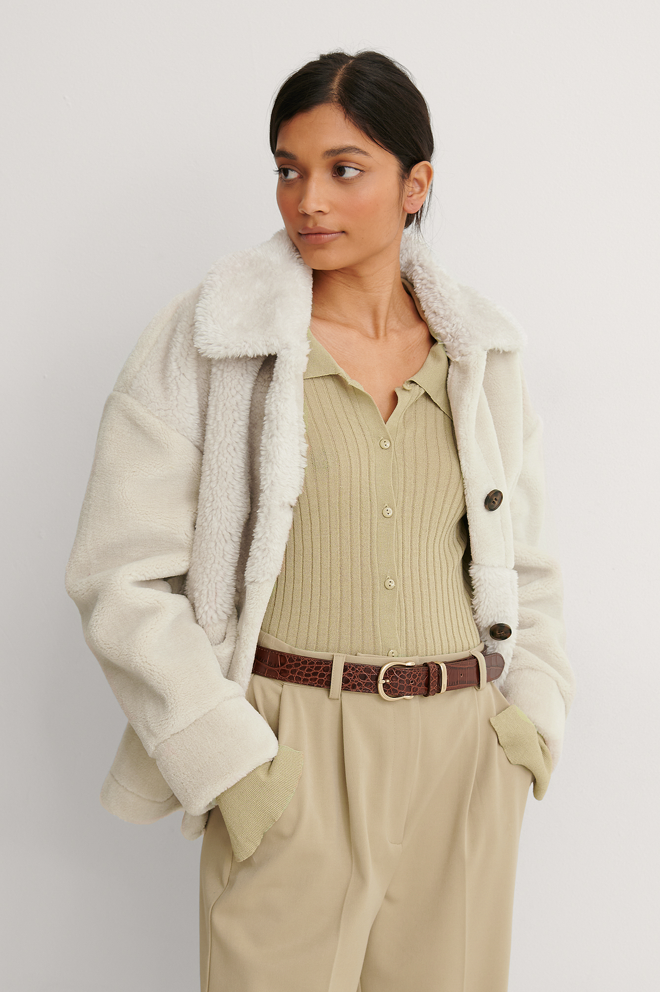 Beige Veste Teddy Mixte