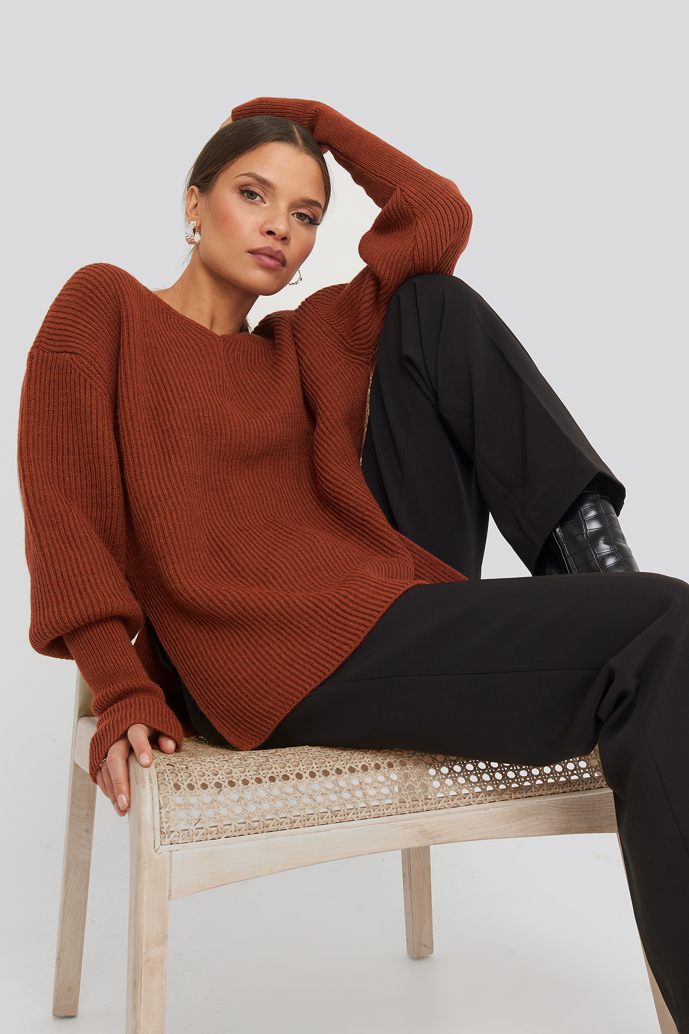 Brick Red Notched Neckline Ribbed Sweater