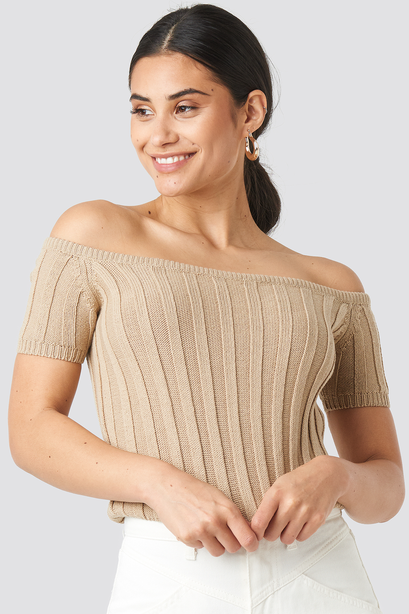 Beige Off Shoulder Ribbed Knitted Top