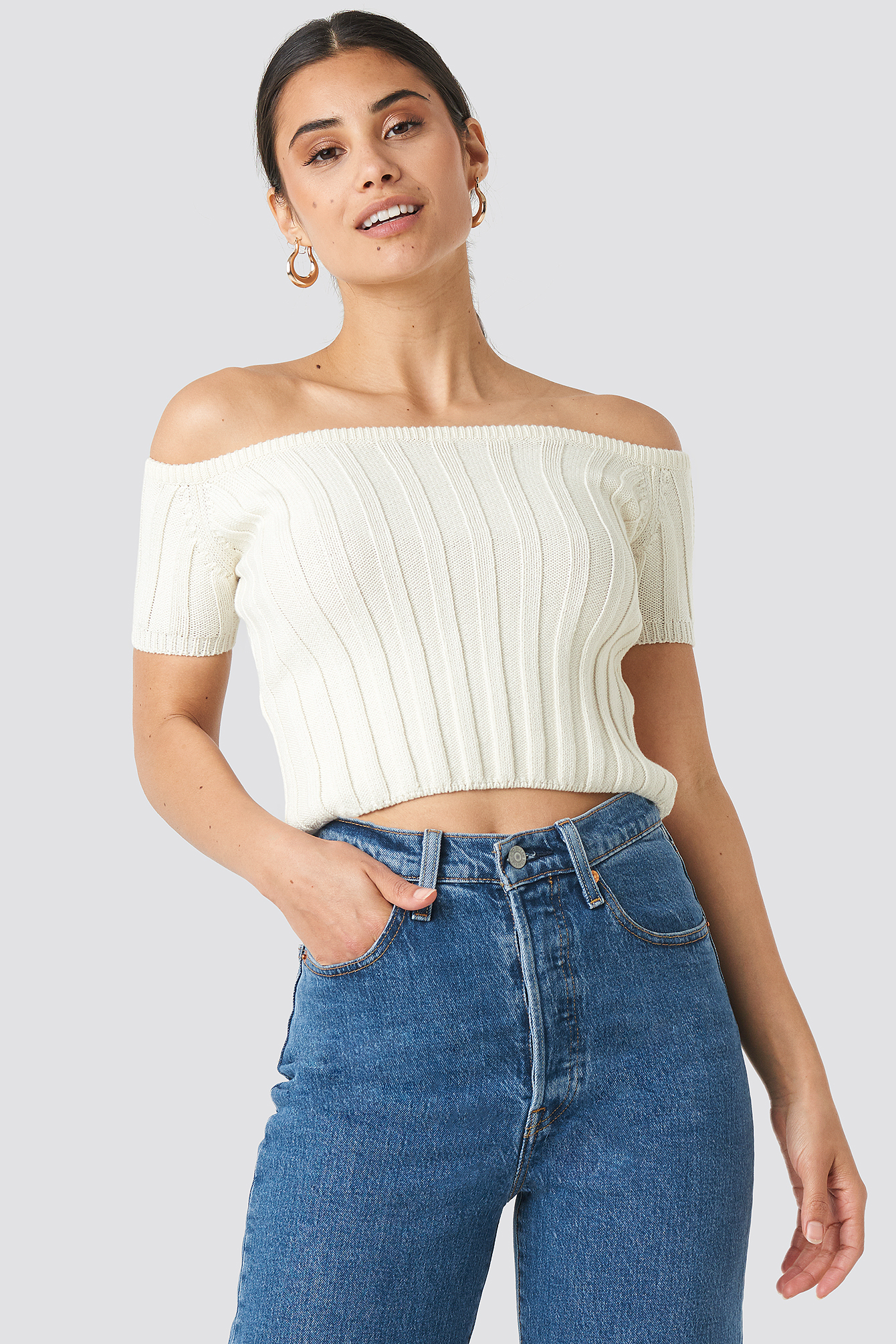 Offwhite NA-KD Off Shoulder Ribbed Knitted Top