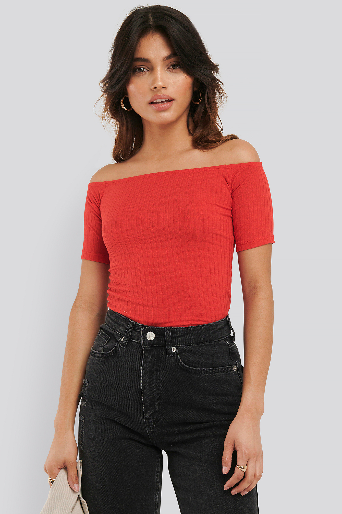 Red Off Shoulder Ribbed Top