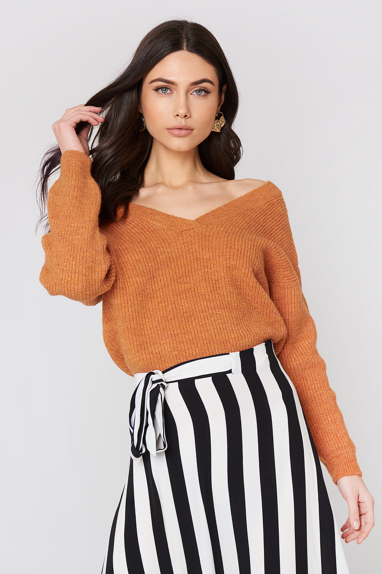 Orange Off Shoulder V Knitted Sweater
