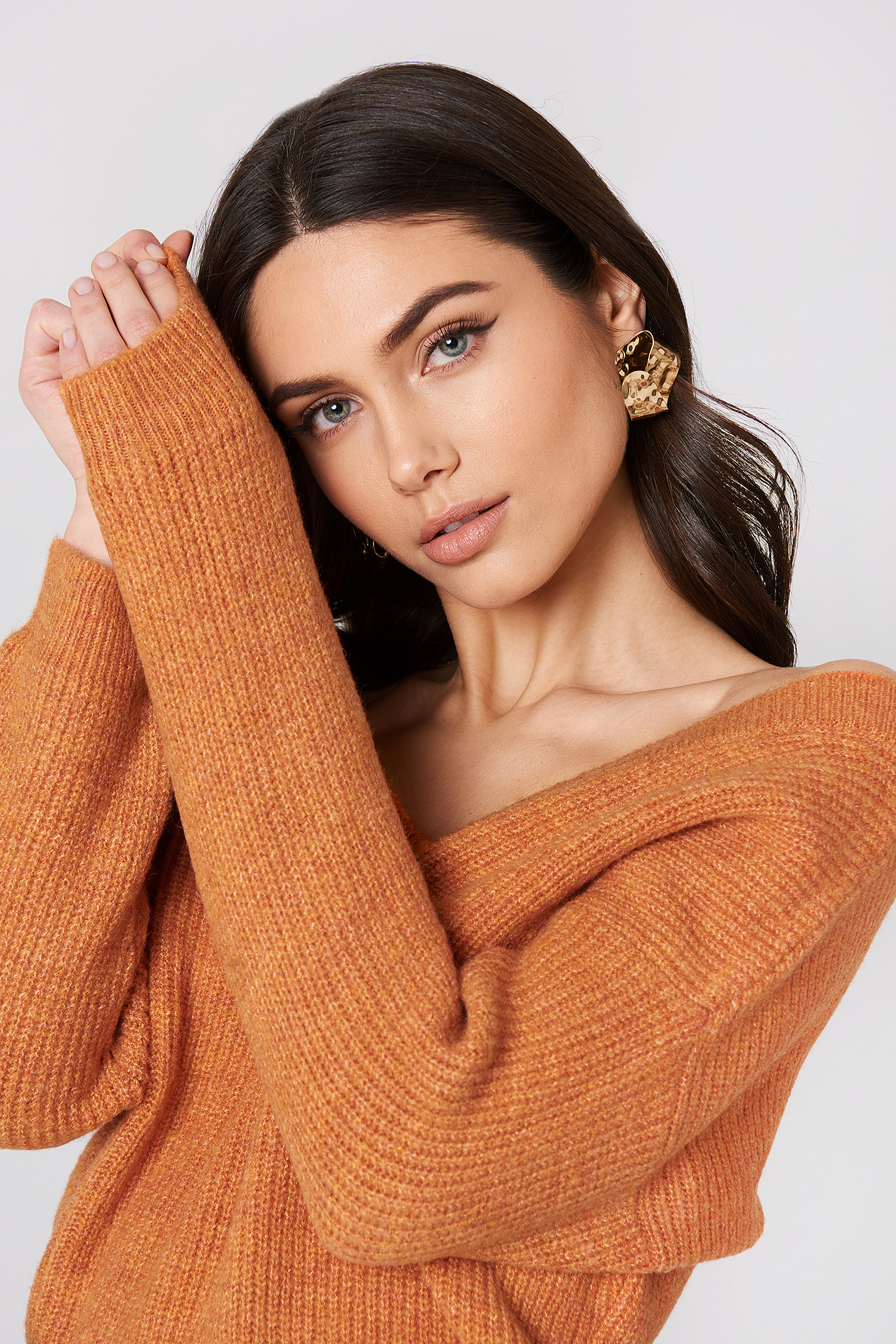 Orange Off Shoulder V Knitted Sweater