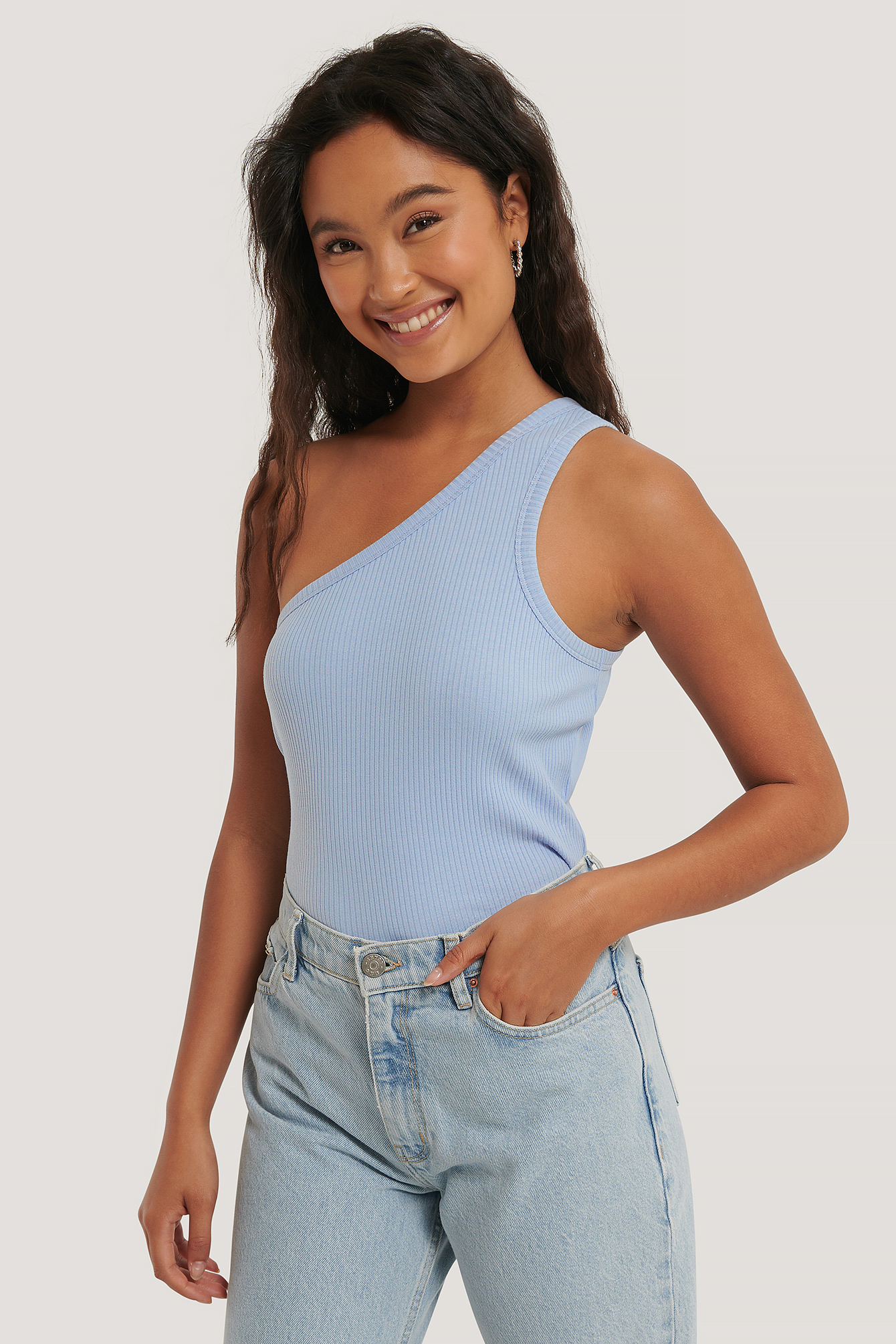 Dusty Blue NA-KD Trend One Shoulder Ribbed Top
