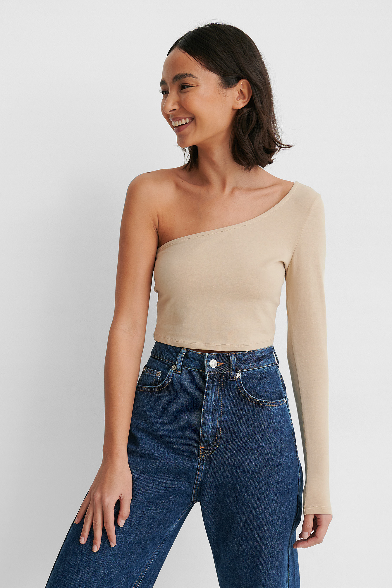 Beige One Sleeve Crop Top