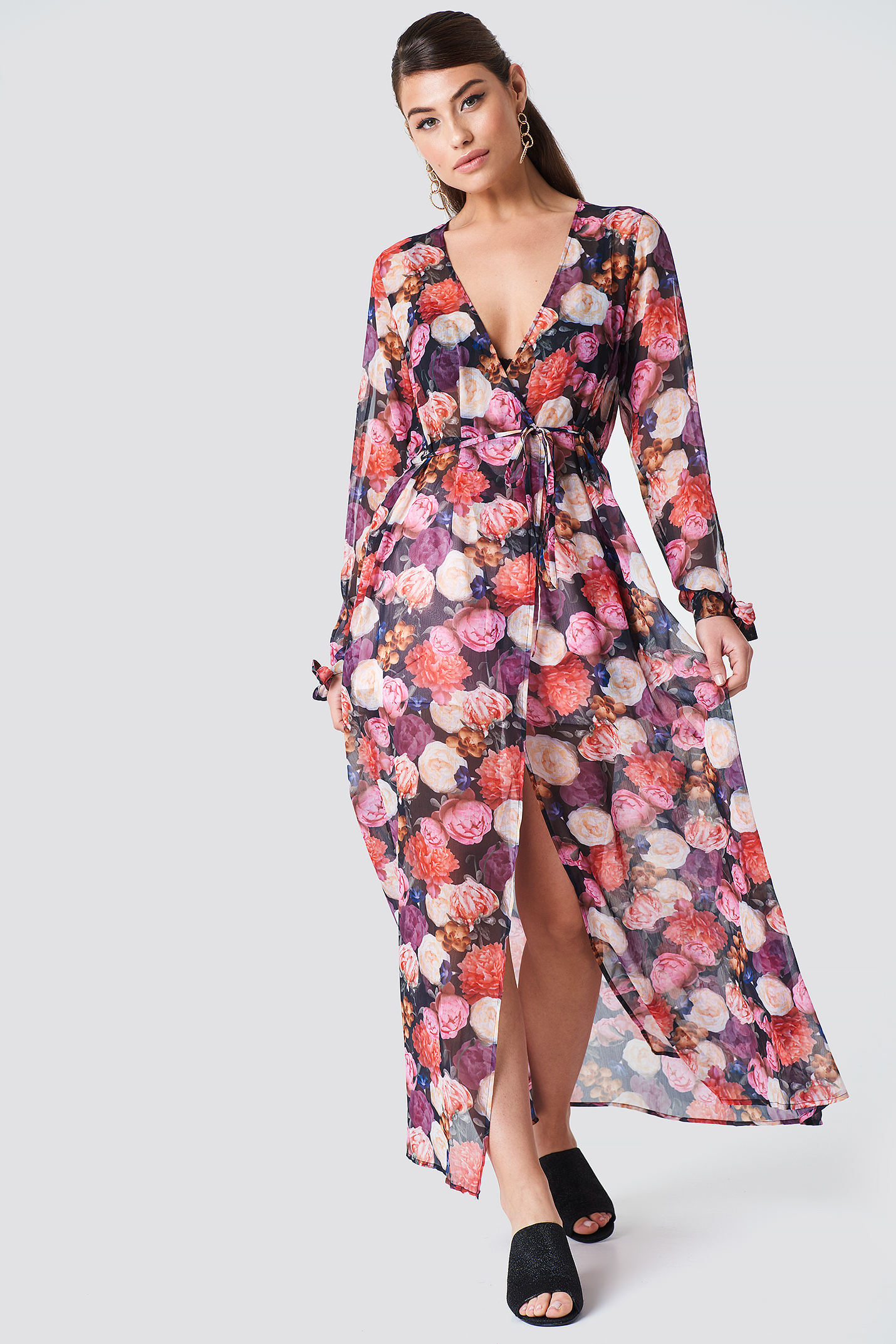 Oil Flowers NA-KD Boho Open Sleeve Chiffon Coat Dress