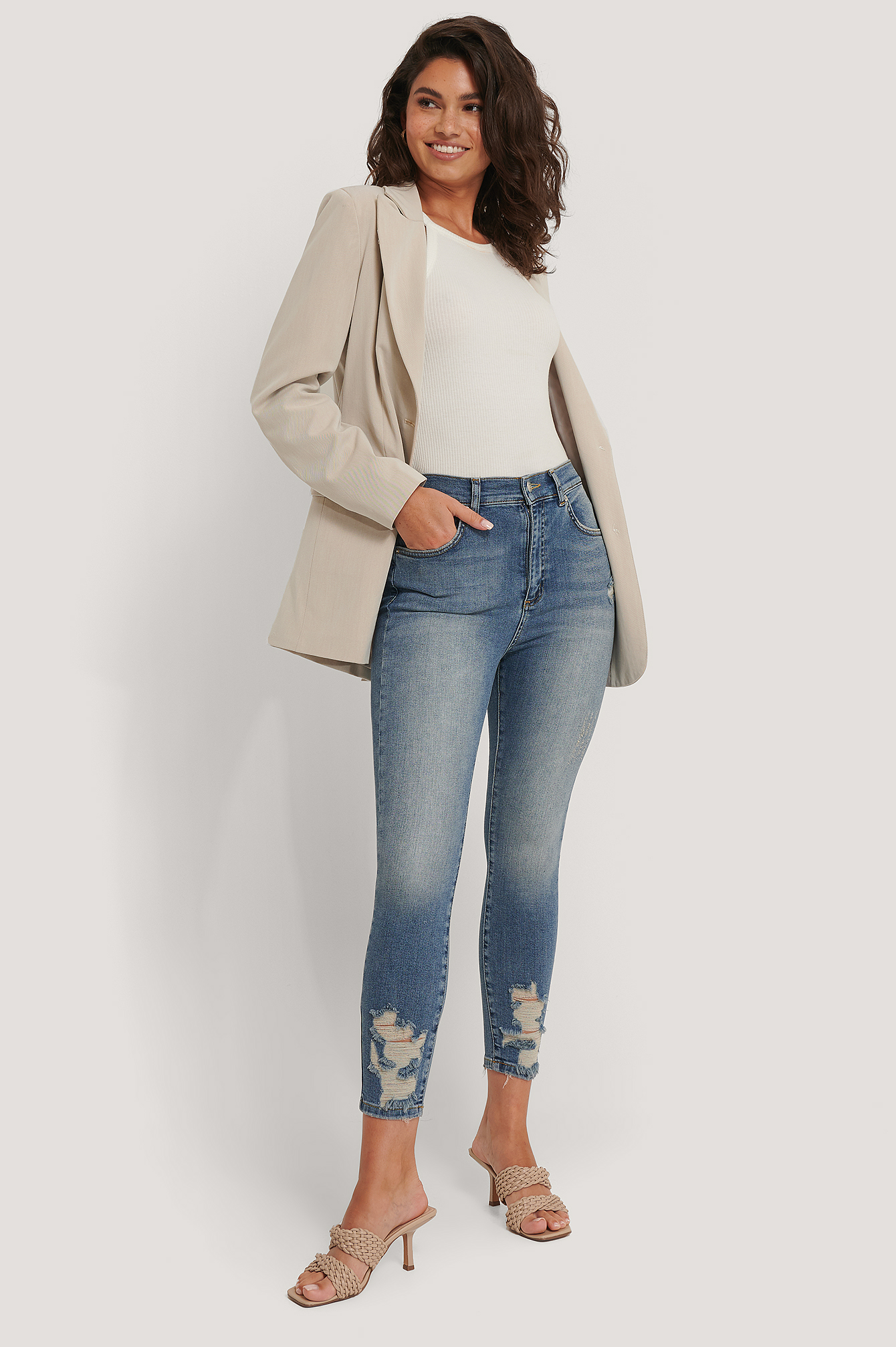 Mid Blue Jean Slim À Ourlet Déchiré En Coton Bio