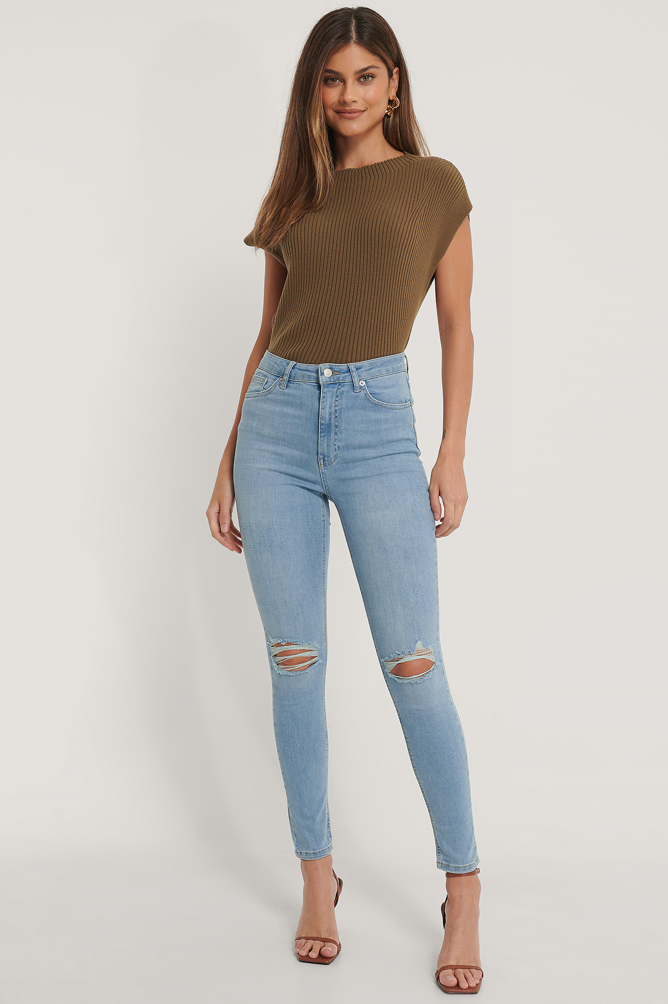 Light Blue Biologiques Jean Slim Taille Haute Déchiré