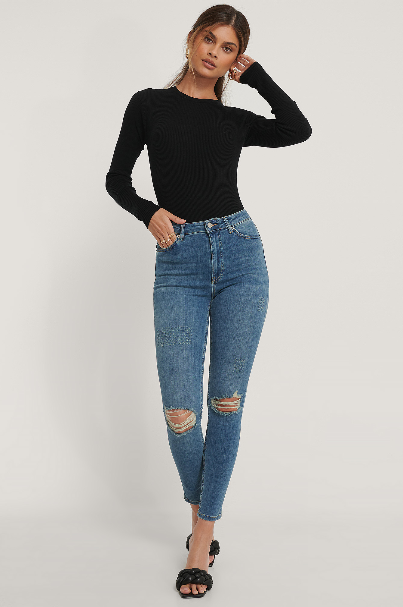Mid Blue Biologiques Jean Slim Taille Haute Déchiré