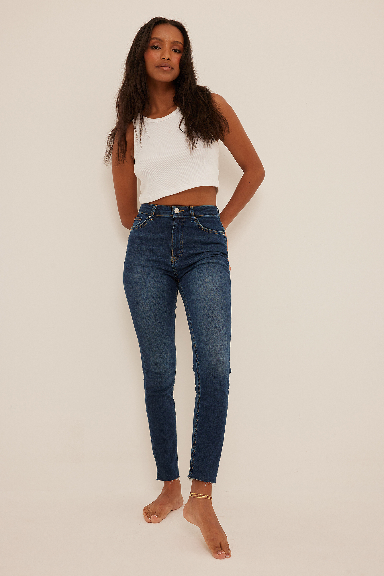 Jean slim taille haute à ourlet brut biologiques Bleu