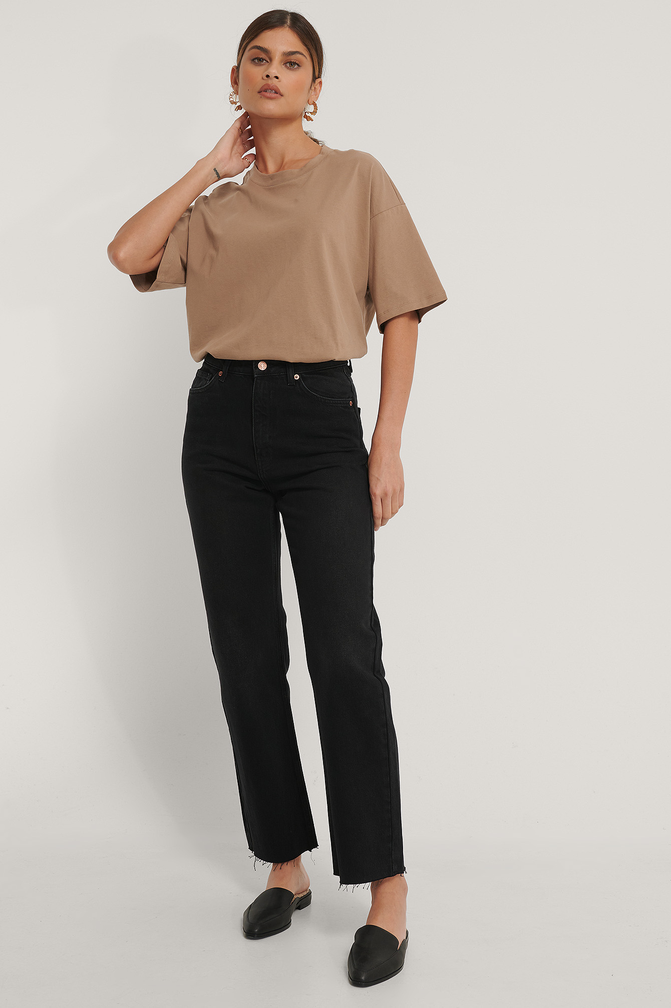 Washed Black Biologiques Jean Droit Taille Haute À Ourlet Brut