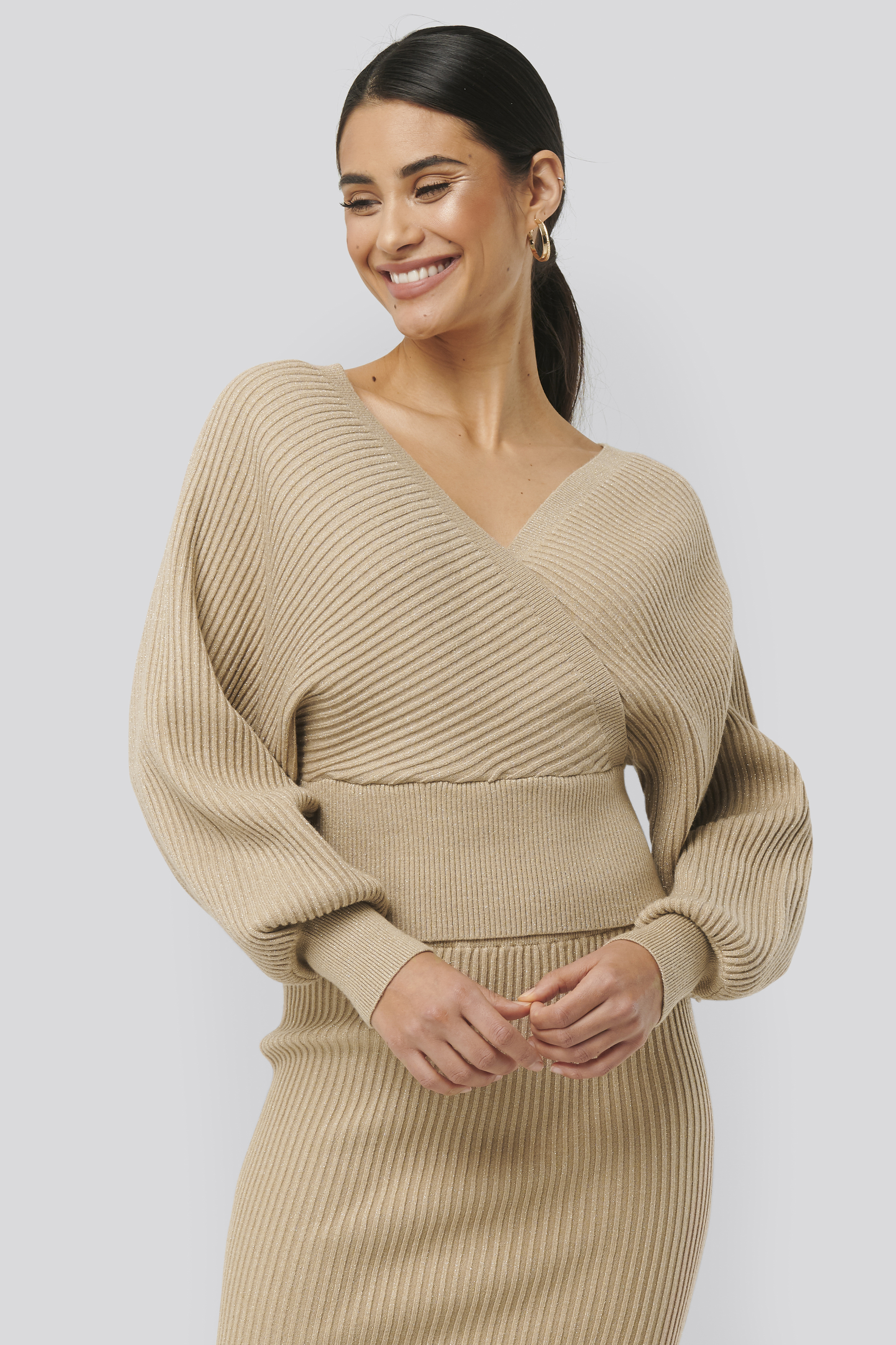 Beige Overlap Glittery Knitted Sweater